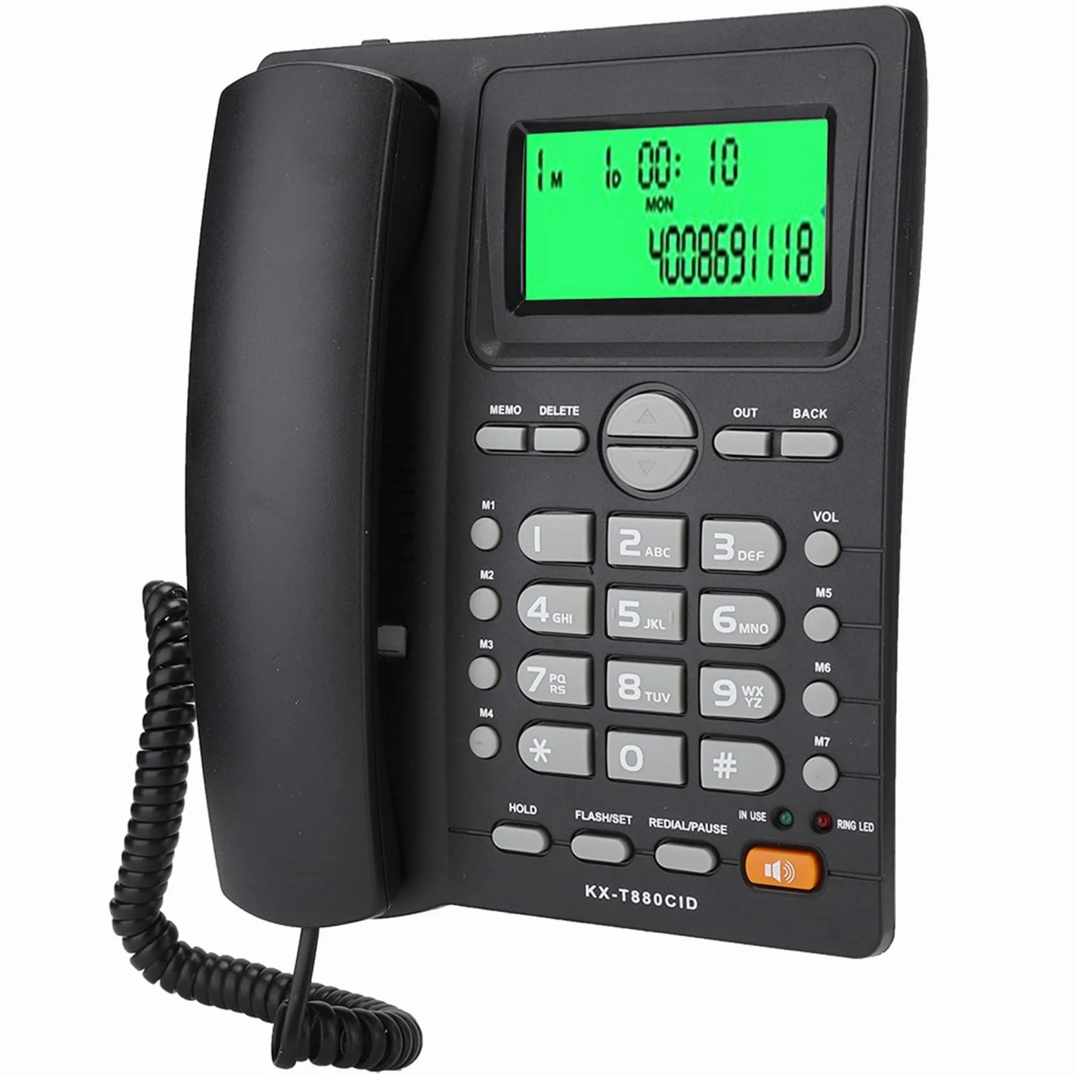 KX T880C telefon stacjonarny, przewodowy z głośnikiem, identyfikator dzwoniącego, funkcja szybkiego wybierania i wyciszania, telefon z dużym przyciskiem do domowego biura, bez baterii (czarny)