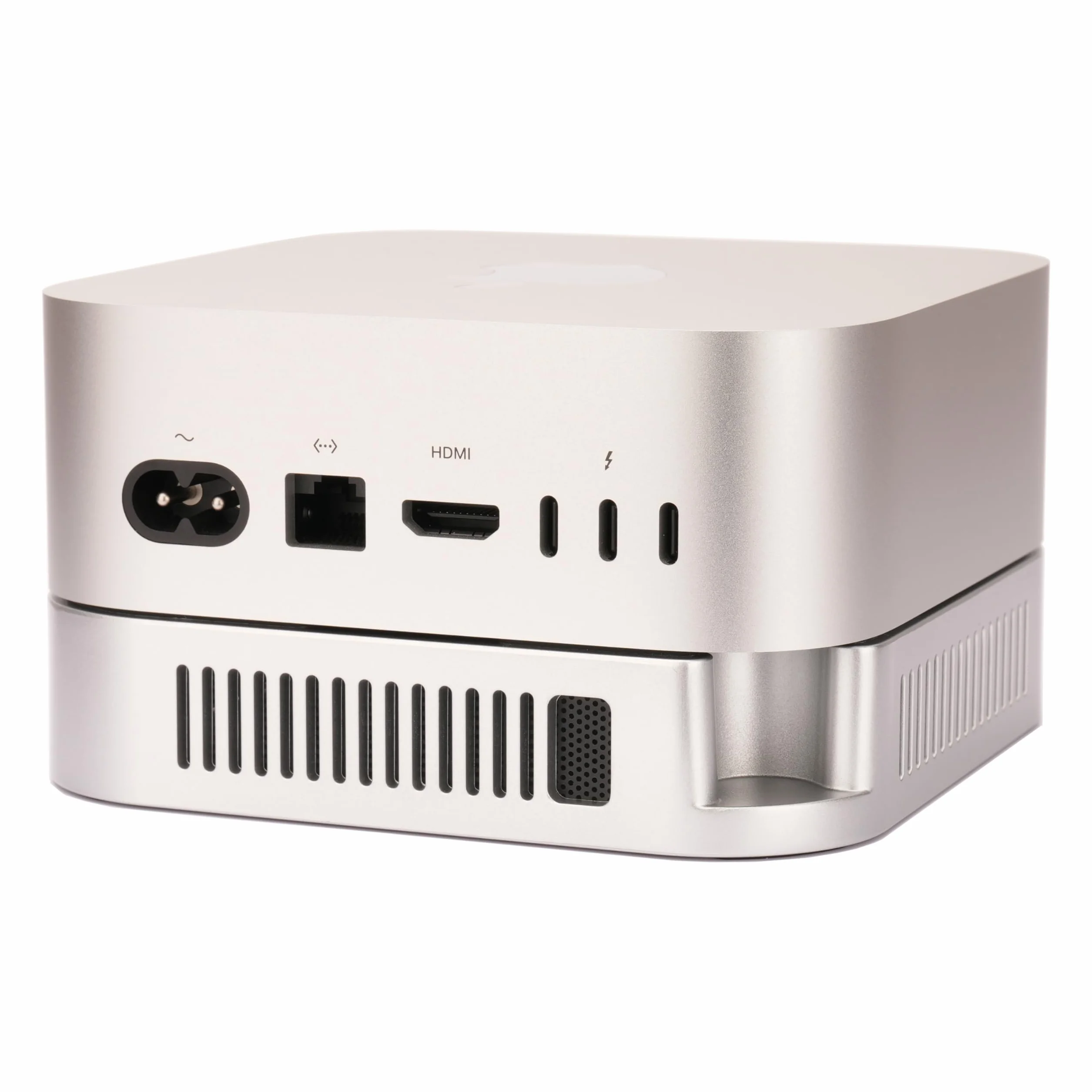 Mac mini M4 M5 stojak chłodzący 2024-2026 srebrny uchwyt biurkowy z antypoślizgowym silikonem