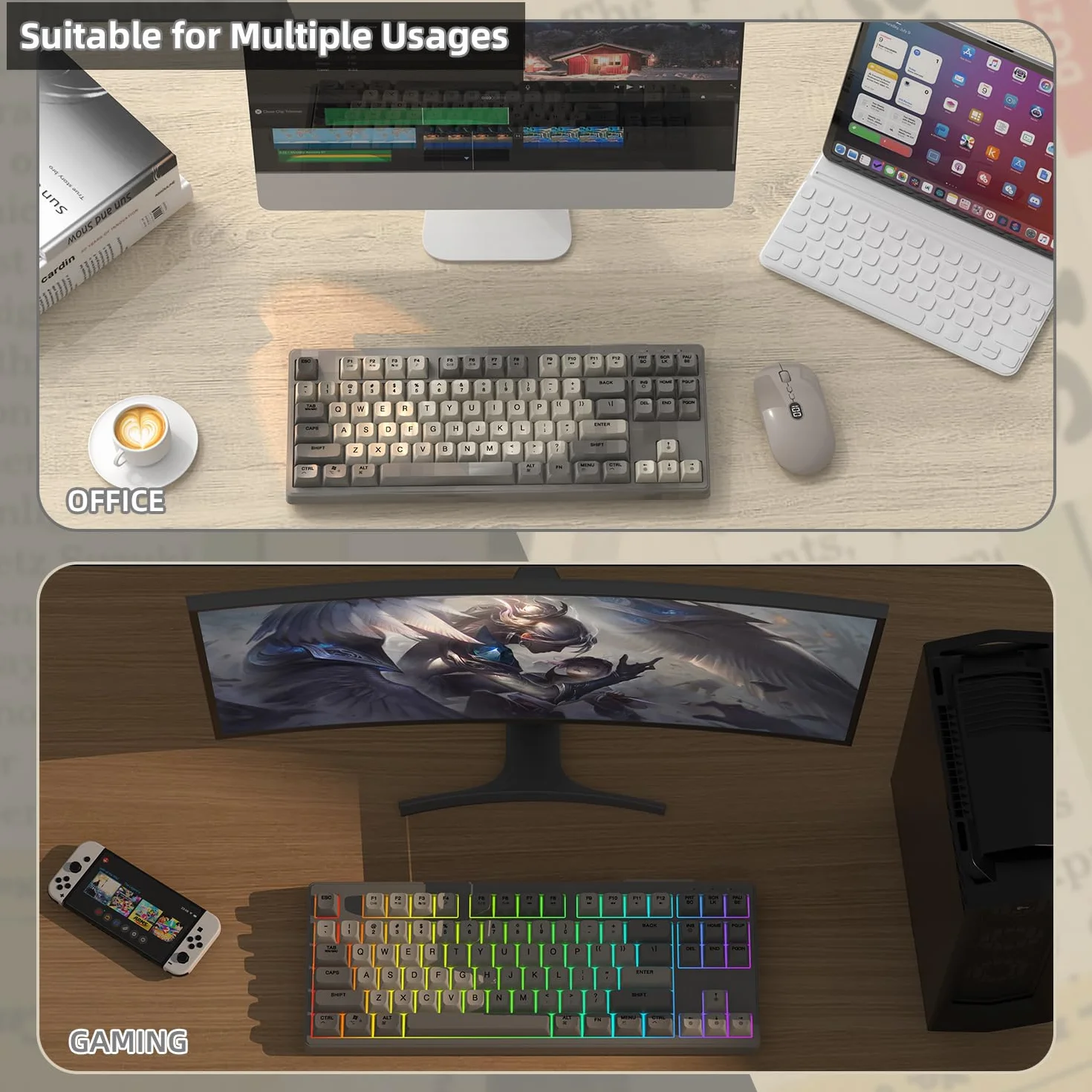 M87 TKL – bezprzewodowa klawiatura do gier z dwoma trybami, Bluetooth/2,4 GHz, nasadka na klawisze z PBT, akumulator 4000 mAh, podświetlana klawiatura w kolorze tęczy z wyczuciem mechanicznym – Ser