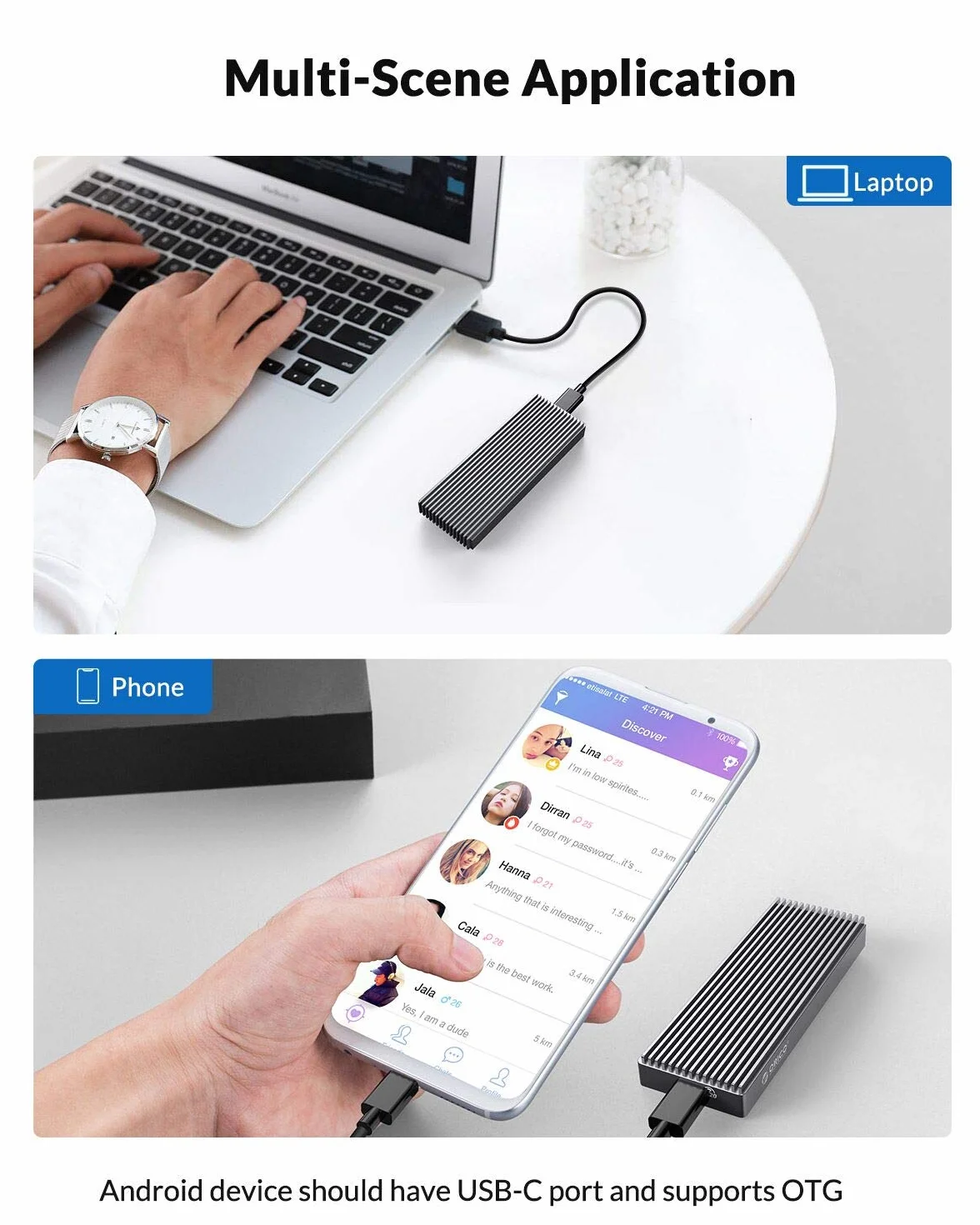 ORICO NVMe M.2 SSD obudowa 20 Gbps do 2000 MB/s, USB 3.2 Gen2x2 USB-C aluminium NVMe adapter do PCIe NVMe M-Key/B+M Key 2230/2242/2260/2280 -M2PAC3