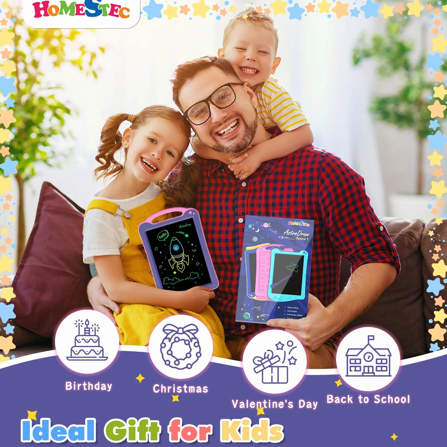 HOMESTEC AstroDraw Zabawki dla dziewczynek w wieku 2, 3, 4, 5, 6 lat, prezent, kolorowa podkładka do rysowania z przenośnym uchwytem, tablet do pisania LCD dla dzieci, zabawki podróżne, edukacyjne,