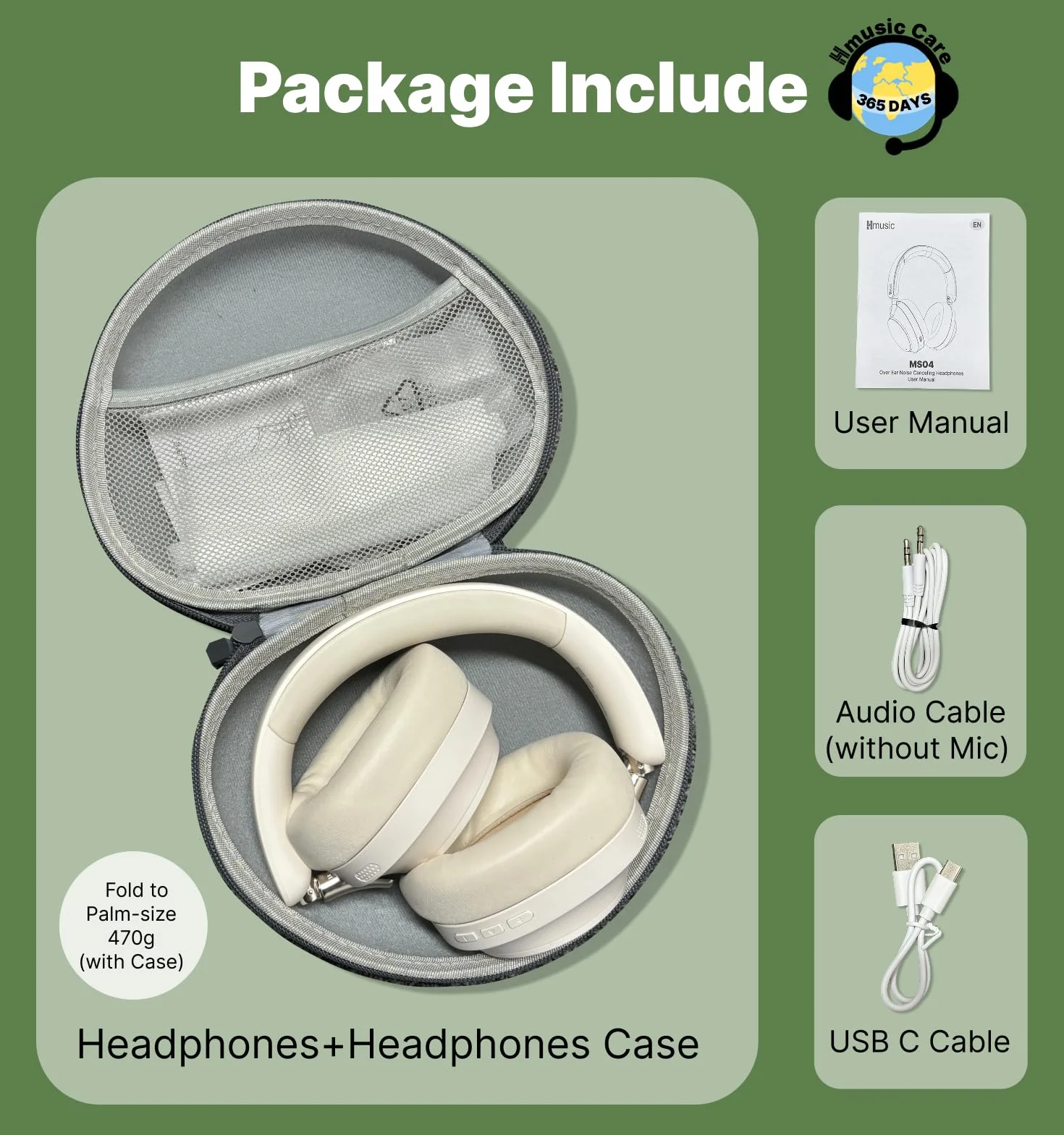 Hmusic MS04 4-Mik Słuchawki Bluetooth ANC, 80H Czas Pracy | Nauszne Słuchawki Bluetooth, Kabel Aux 3.5mm, z Etui, Białe Składane Słuchawki Bezprzewodowe do Gry/Podróży/Pracy/Dojazdów