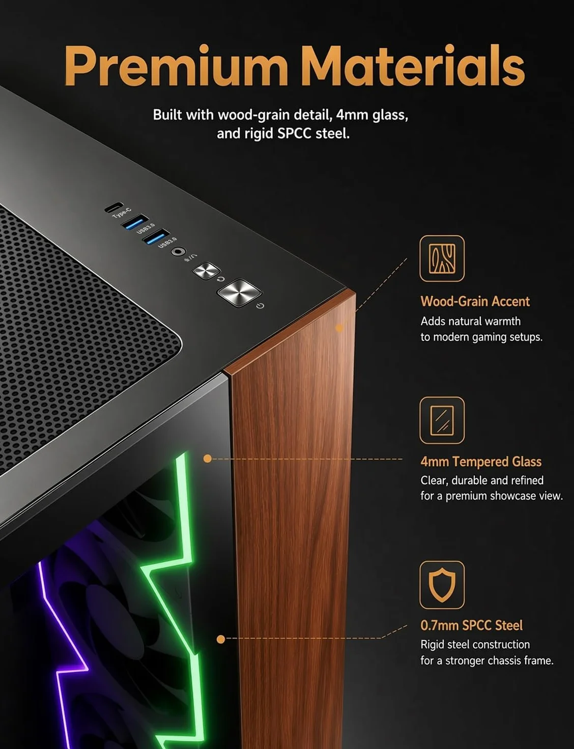 AsiaHorse Scutum Ultra ATX obudowa PC, Panorama Mid Tower z 6 wentylatorami Nyota Pro Reverse ARGB i koncentratorem Umbra, Back-Connect ATX, drewniany akcent, grzejnik 360 mm, typ C 20 Gbps, czarna
