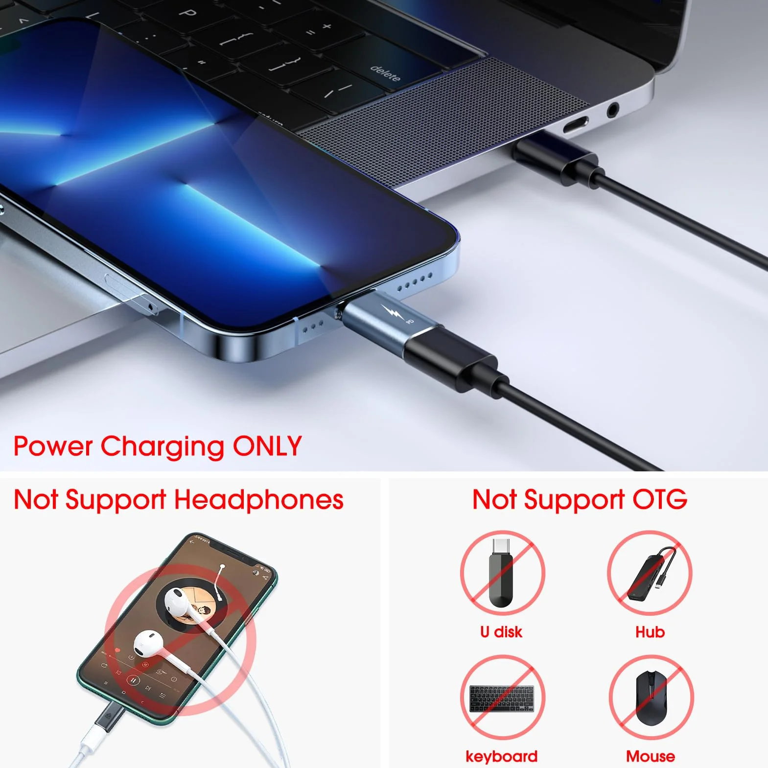 TechMatte Adapter USB C do Lightning, szybkie ładowanie 27 W, kompatybilny z iPhone 14/13/12/11 Pro Max Mini/X/XR/XS/SE/8/7/6/iPad/iPod/AirPods, obsługuje transmisję danych, z linką zapobiegającą