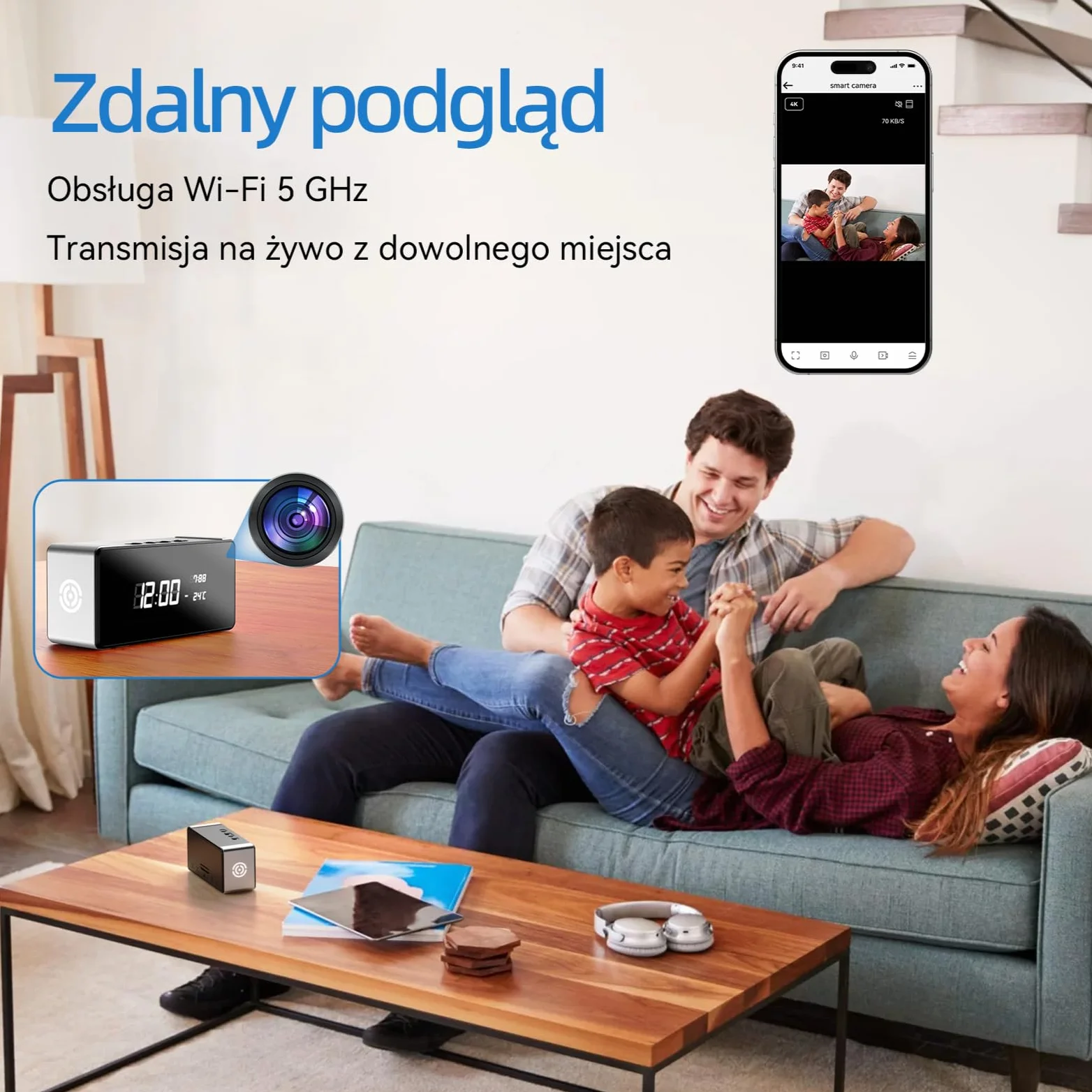 Kamera szpiegowska 4K z Podglądem na Żywo w Aplikacji - Kamera z budzikiem z Wykrywaniem Ruchu i Noktowizorem do Monitoringu Domu i Biura