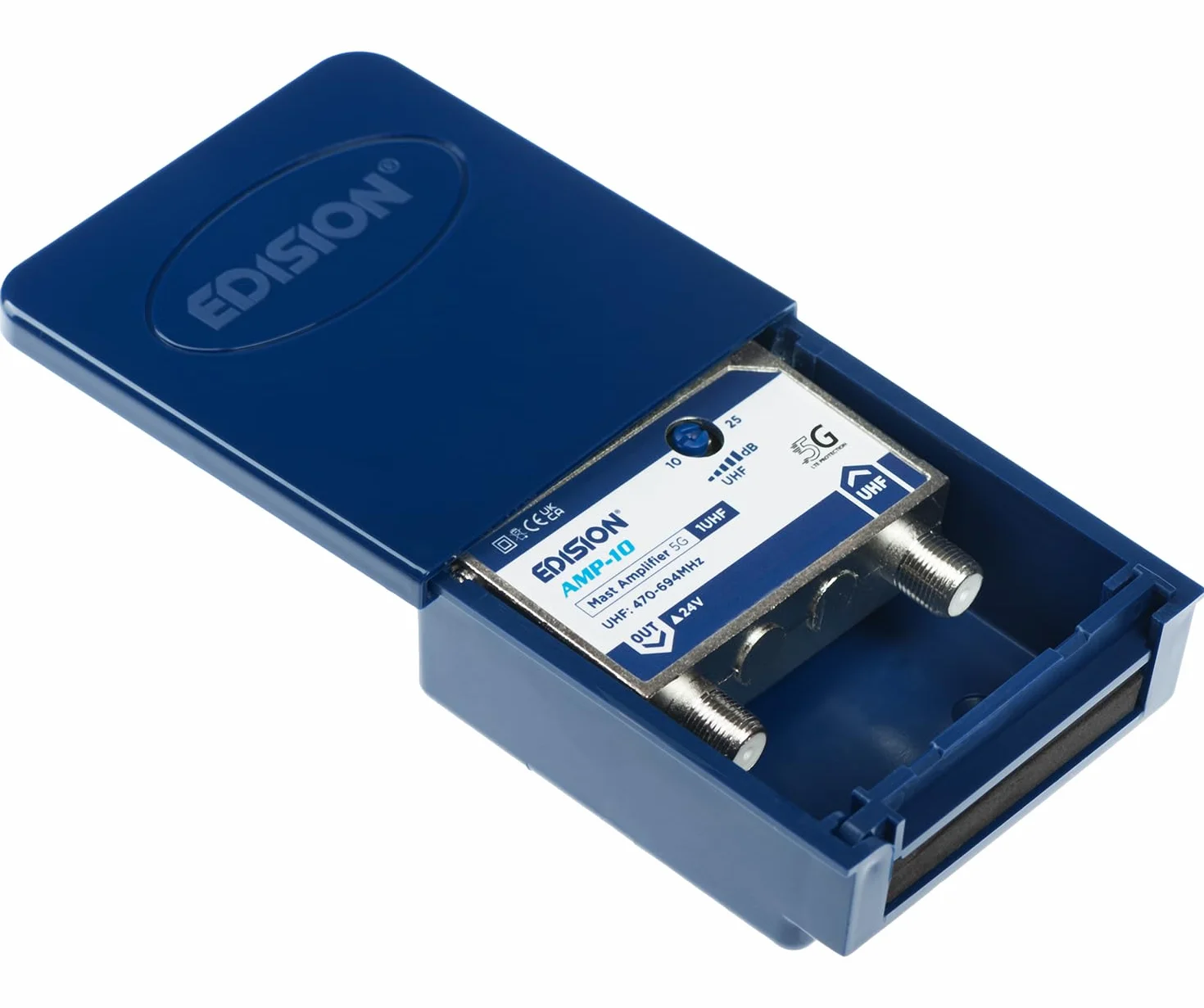 EDISION Zestaw MAK-100: Wzmacniacz anteny telewizyjnej 1UHF, 10-25dB, 107 dBmV, 24 V, do cyfrowej naziemnej DVB-T/T2, z filtrem 5G LTE + zasilaczem 24 V 200 mA F, 2 wyjścia
