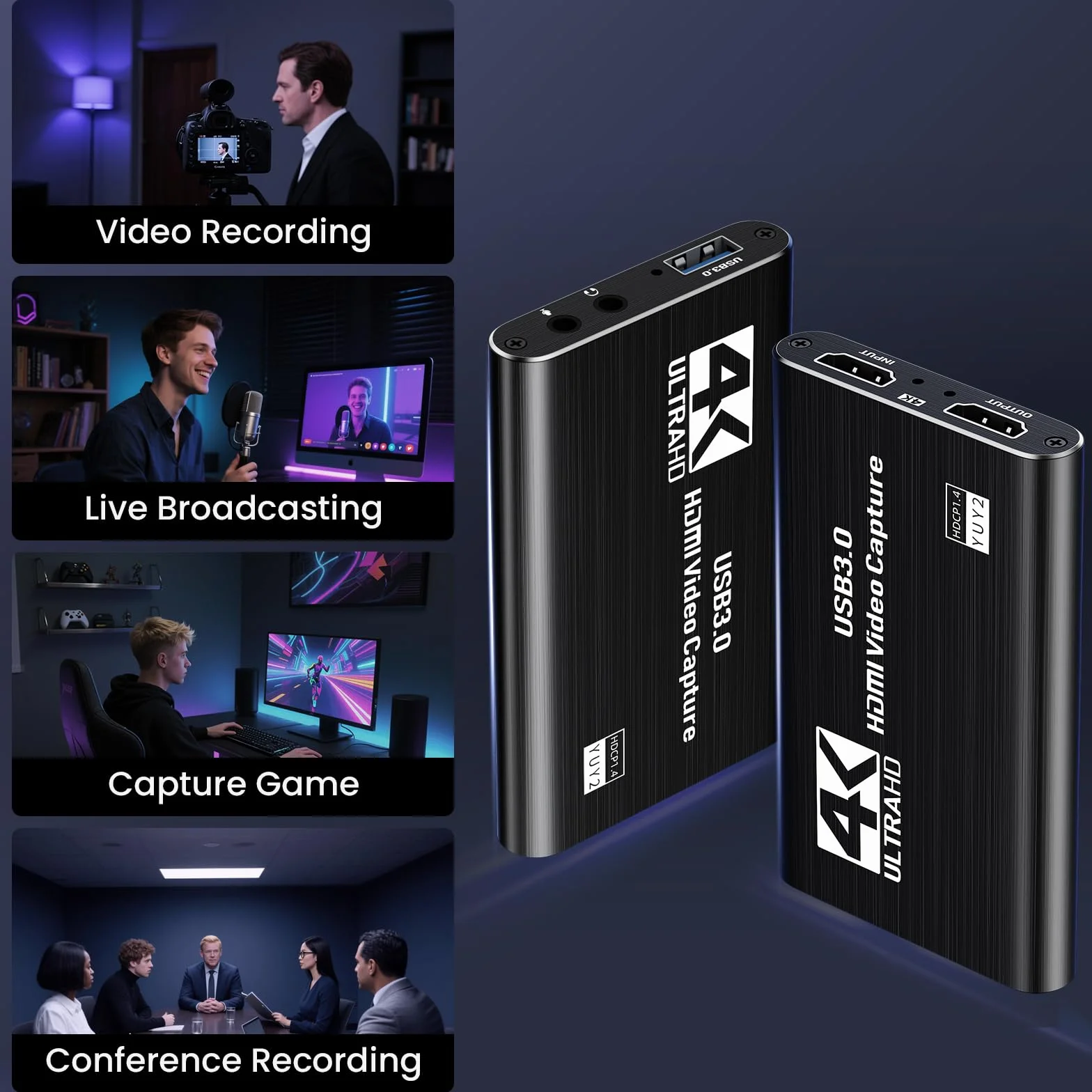Papeaso 4K HDMI Capture Card, 1080P 60FPS USB 3.0 nagrywarka wideo do strumieniowego przesyłania, kompatybilna z Switch, PS5, PS4, Xbox, aparatem, komputerem