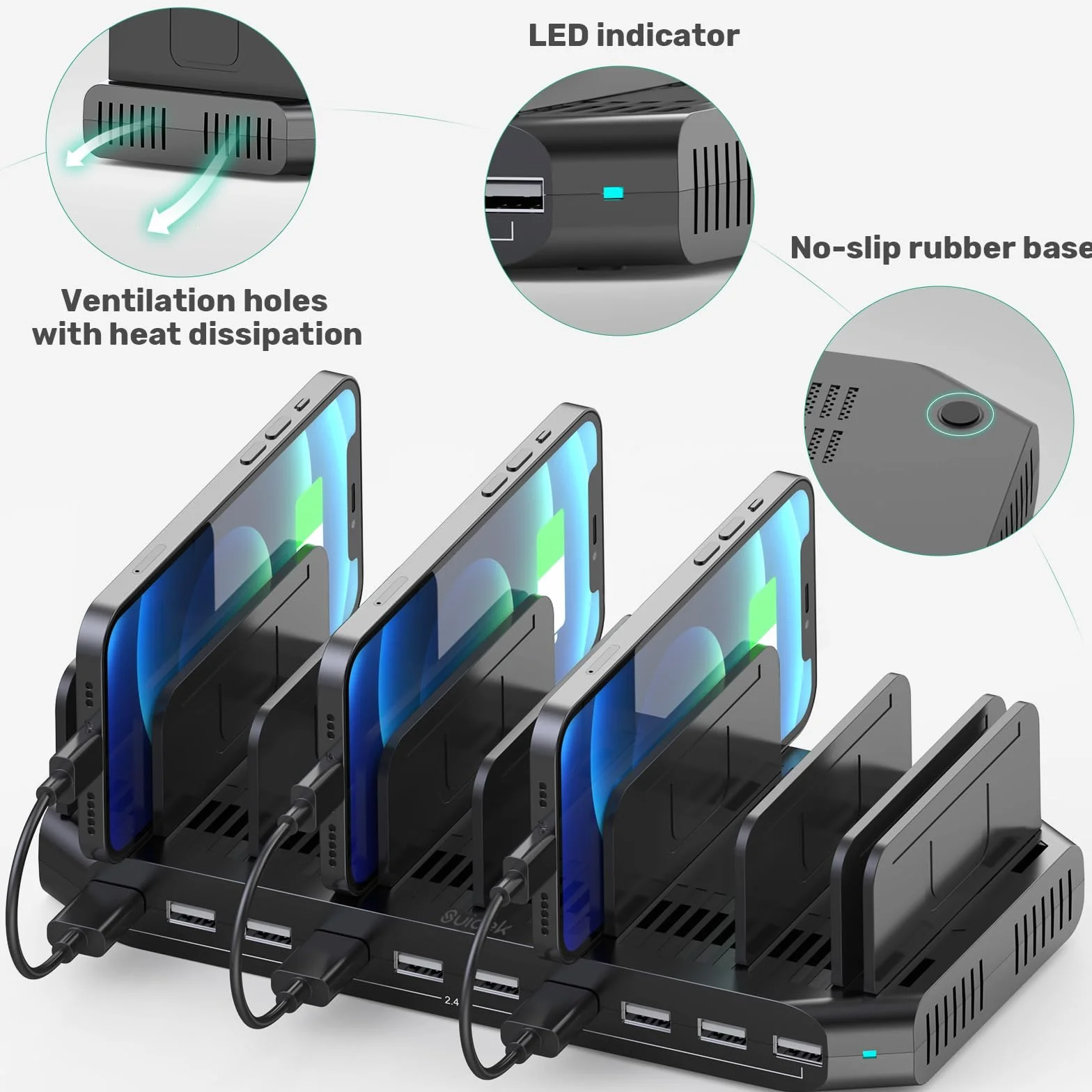 SUIDEK 10-portowa stacja ładująca, ładowarka USB 60 W do wielu urządzeń z regulowanymi ściankami działowymi, kompatybilna z tabletami, smartfonami