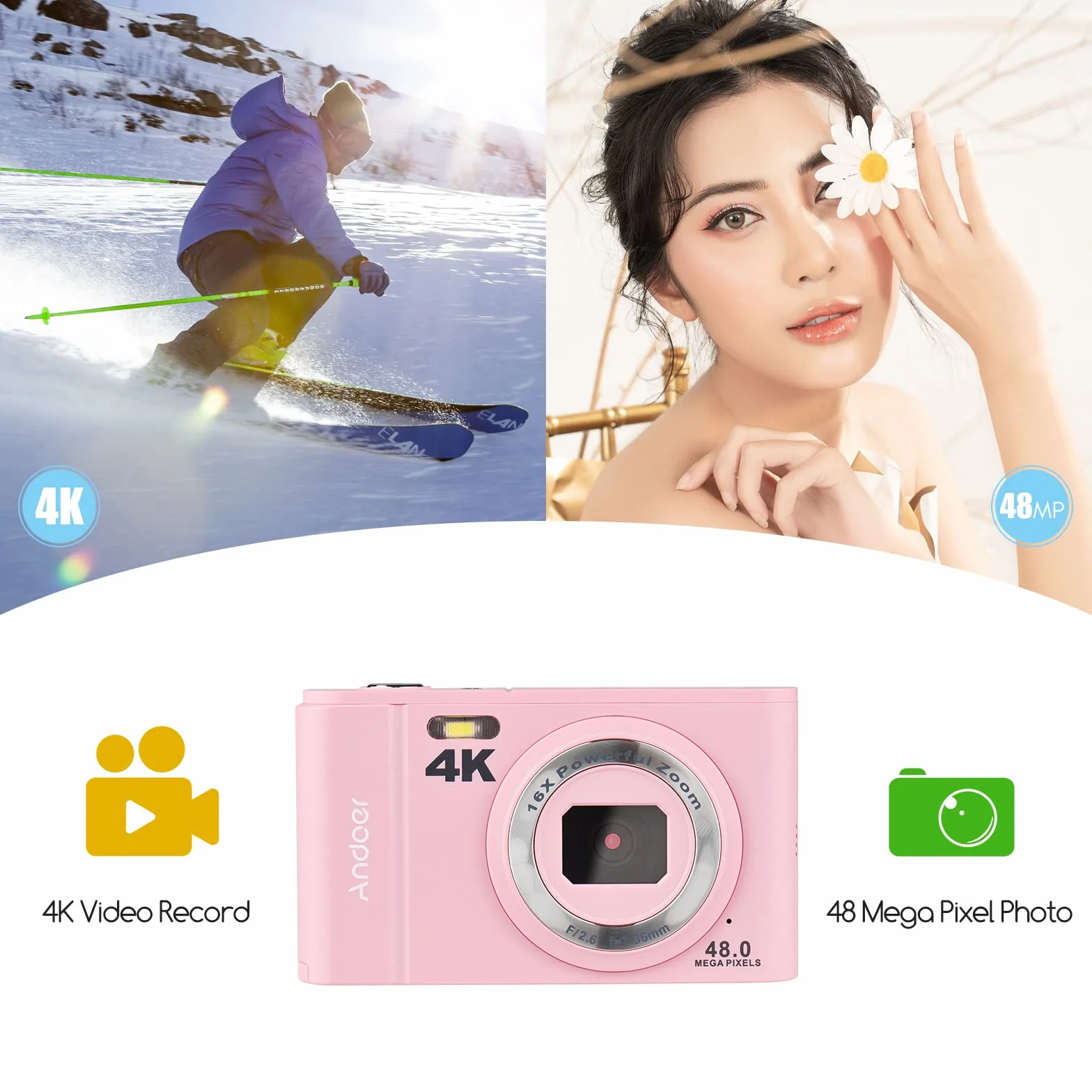 Andoer Aparat cyfrowy, 48 MP 4K, ekran IPS 2,8", kompaktowy aparat cyfrowy 16x, z 2 bateriami, karta pamięci 32 GB, pasek na rękę, torba do noszenia dla dorosłych/seniorów/dzieci, różowy