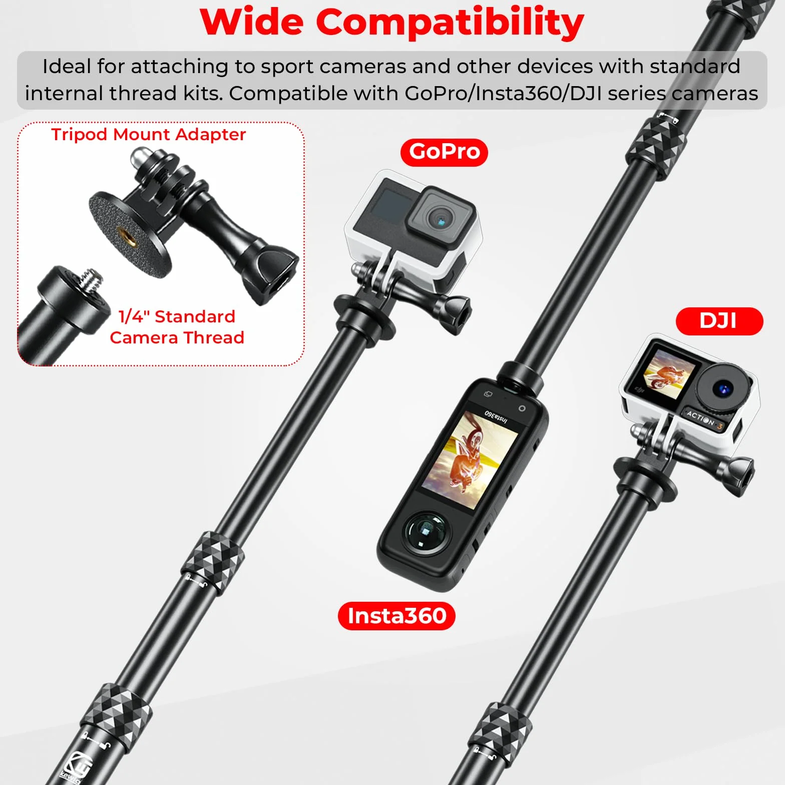 Zestaw do montażu kamery sportowej do Gopro i Insta360, kij do selfie ze stopu aluminium z podstawą montażową antykradzieżową, obracany o 360°, wysuwany zacisk do masztu flagowego, pasuje do ATV UTV,