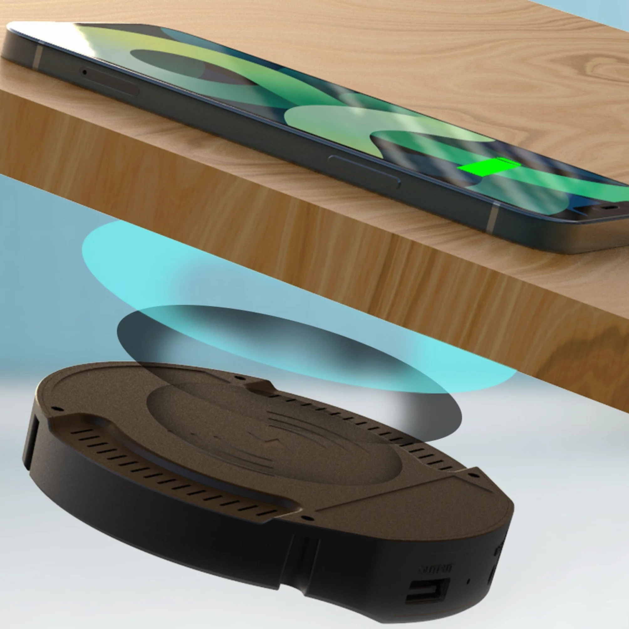 Kalb | DualCharge 10 W bezprzewodowa ładowarka z wyjściem USB 15 W, podstawa do 30 mm, niewidoczna, ładowarka indukcyjna z wentylatorem, zasilacz, kabel 1200 mm