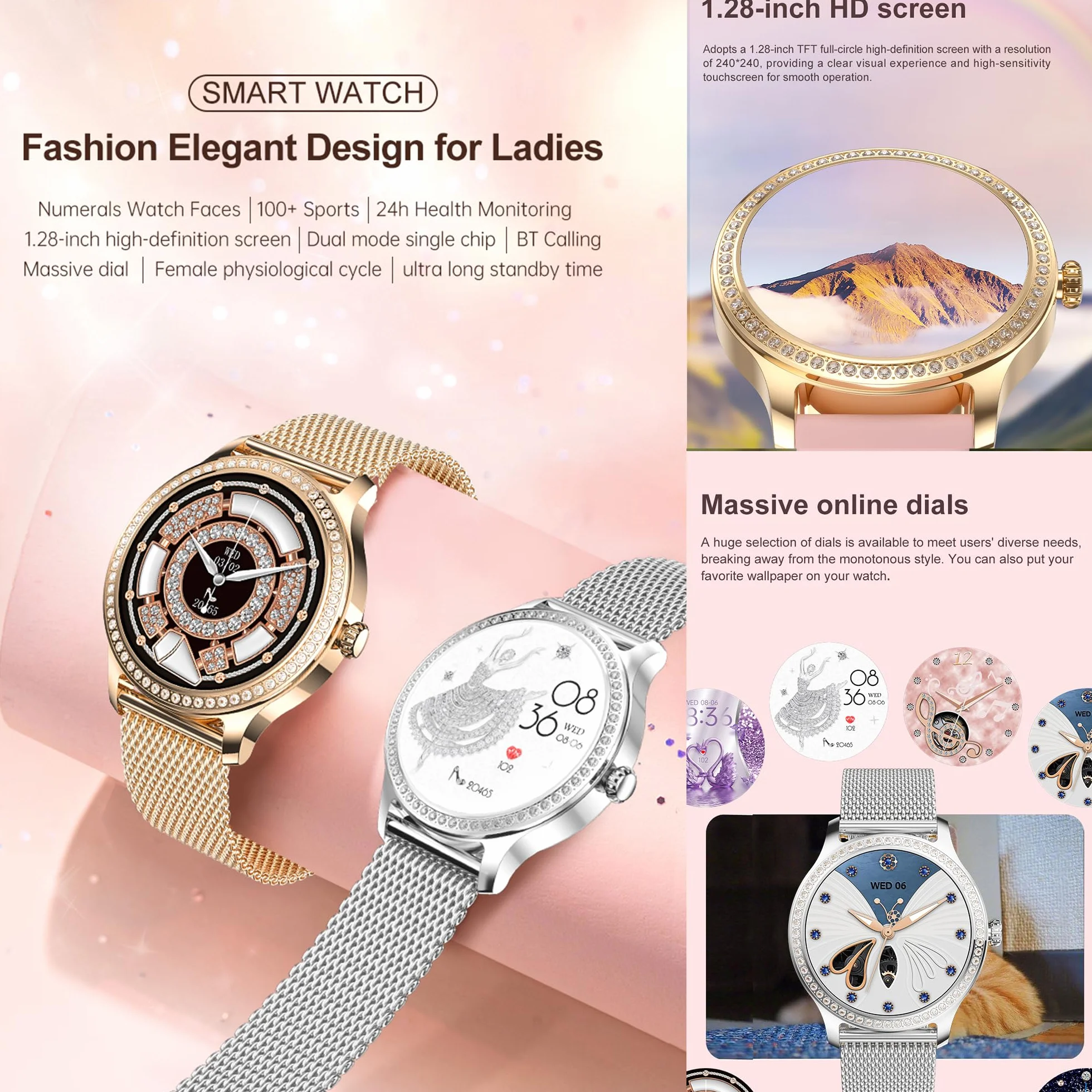 Smartwatch Inteligentny Zegarek Pani z Połączeniami, 1,28" Wodoodporny Smart Watch Sportowy Krokometr Pulsometr Ciśnienie Krwi Bransoletka Aktywność Cyfrowy Zegarek dla IOS Android (srebrny)