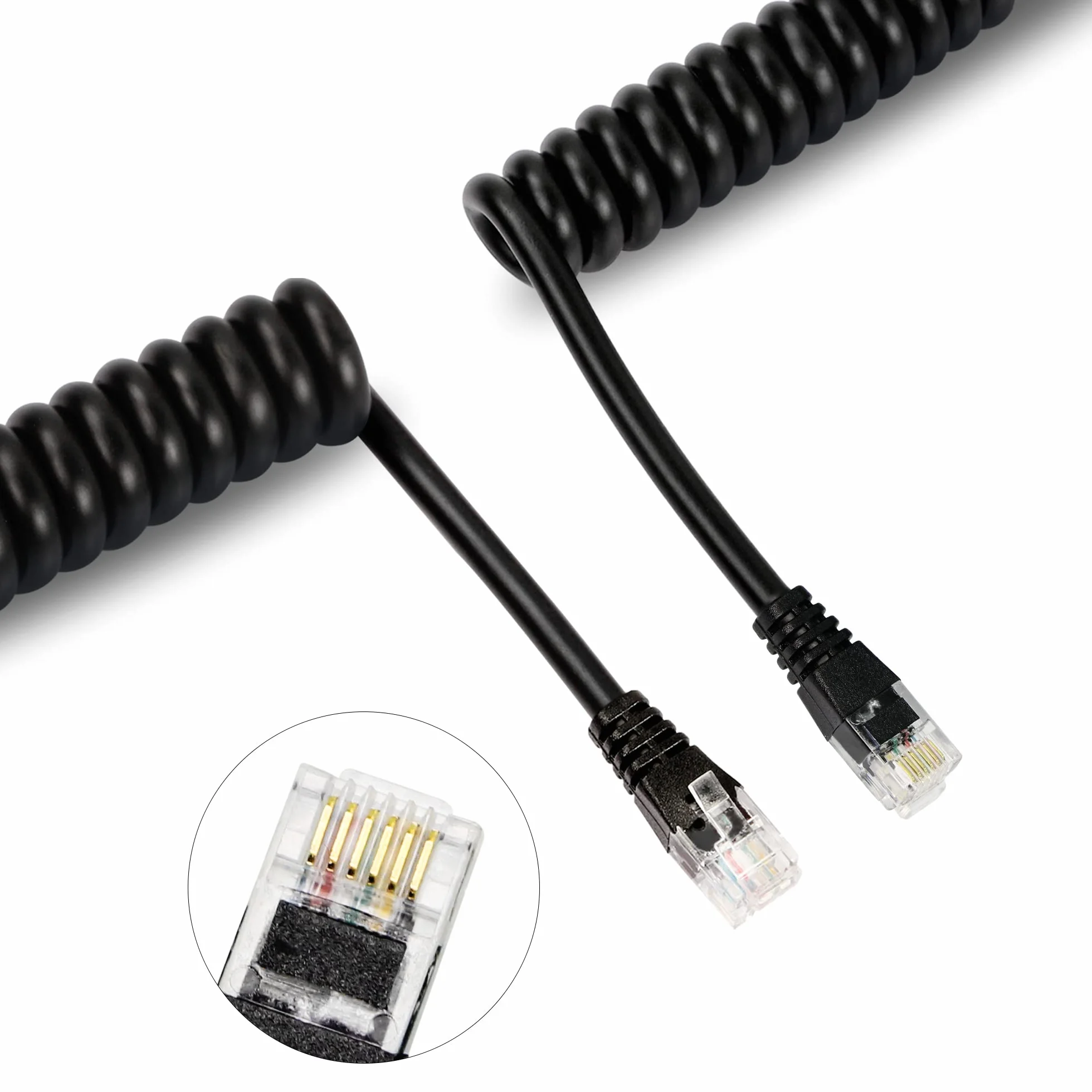 RJ12 kabel do telefonu komórkowego, 6P6C męski na męski, prosty przewód, zwijany kabel sprężynowy – rozciągliwy do 4,92 ft