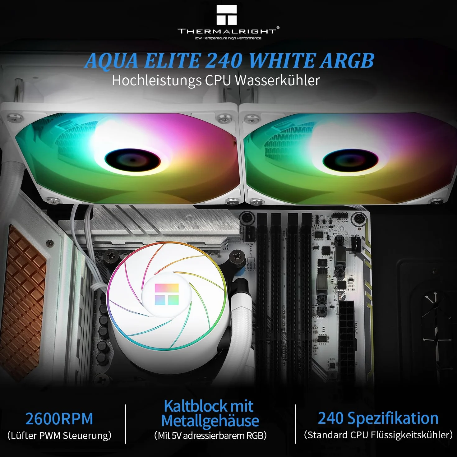 Thermalright Aqua Elite 240 Biały ARGB Chłodzenie Procesora Wodne, Biały Aio Chłodnica Procesora, 240 Rzędów Wymiany Ciepła, Łożysko S-FDB, dla AM4/AM5, Intel LGA115x/1200/1700/1851