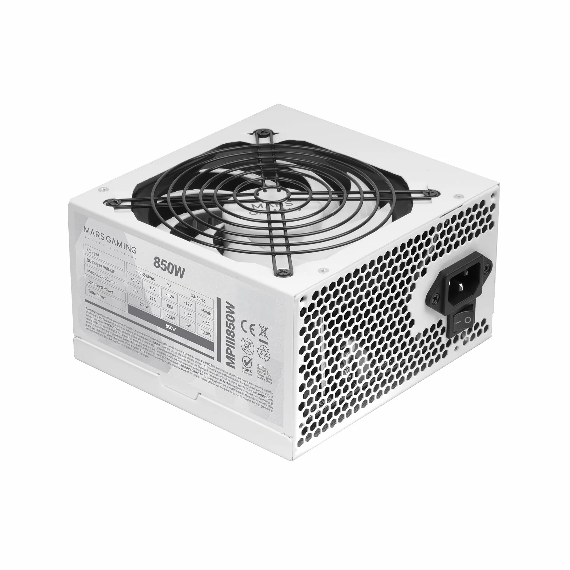 Mars Gaming MPIII850, Zasilacz PC ATX 850W, 5 Lat Gwarancji, 85% Wydajności, System Cyfrowy APFC, Wentylator FDB 120mm AI-RPM, Technologie DC-DC i SMD, Płaskie, Długie Kable, Biały