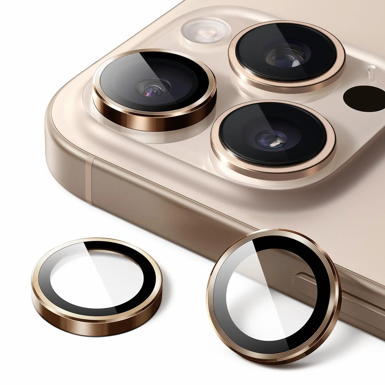 JETech Osłona Obiektywu Aparatu dla iPhone 16 Pro 6,3 Cala i iPhone 16 Pro Max 6,9 Cala, 9H Szkło Hartowane Metalowa Indywidualnego Pierścienia Osłona, HD Przejaśniać, 1 Komplet (Tytan Pustynny)