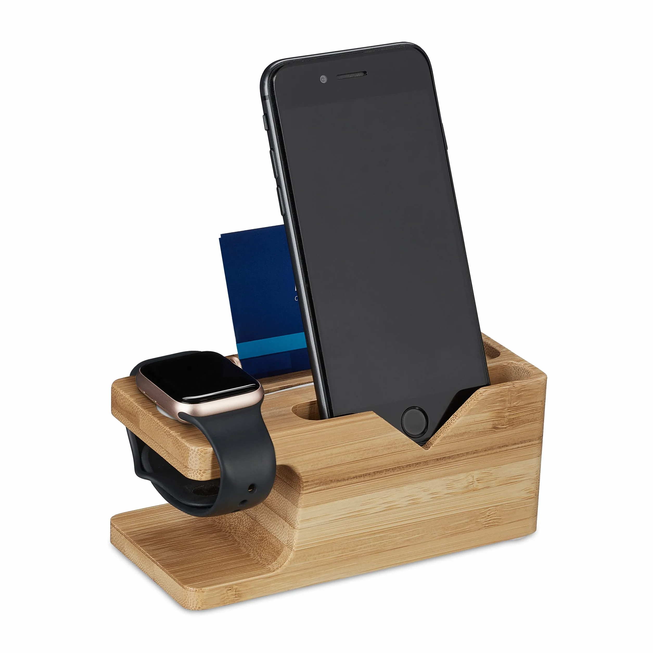 Relaxdays Stacja ładująca do Apple Watch i iPhone, bambus, 6 x 14 x 6,5 cm, stojak na telefon i zegarek