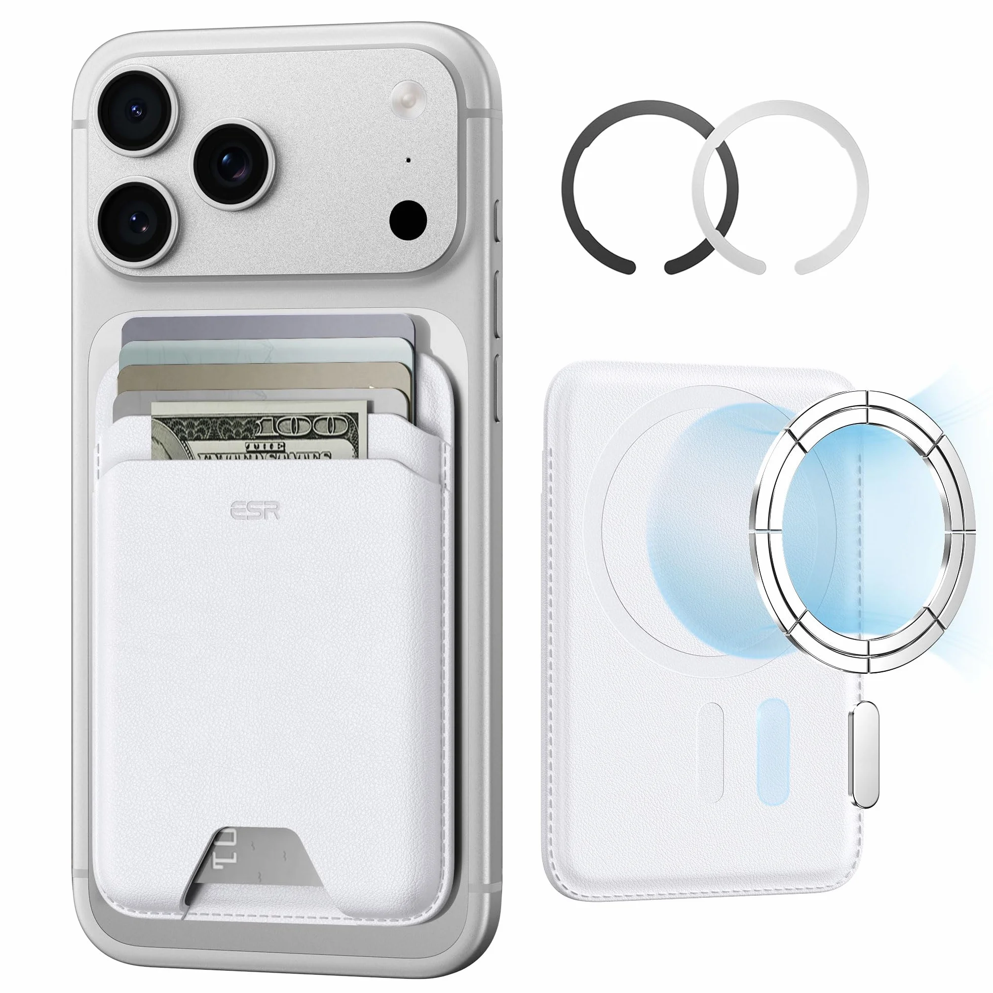 ESR Portfel MagSafe, etui na 5 kart, magnetyczny portfel do iPhone'a, blokada RFID, z siłą magnetyczną 3200 g, wegańska skóra, smukły do iPhone'a serii 17/16/15/14/13/12, nie dla 13/12 Mini, biały