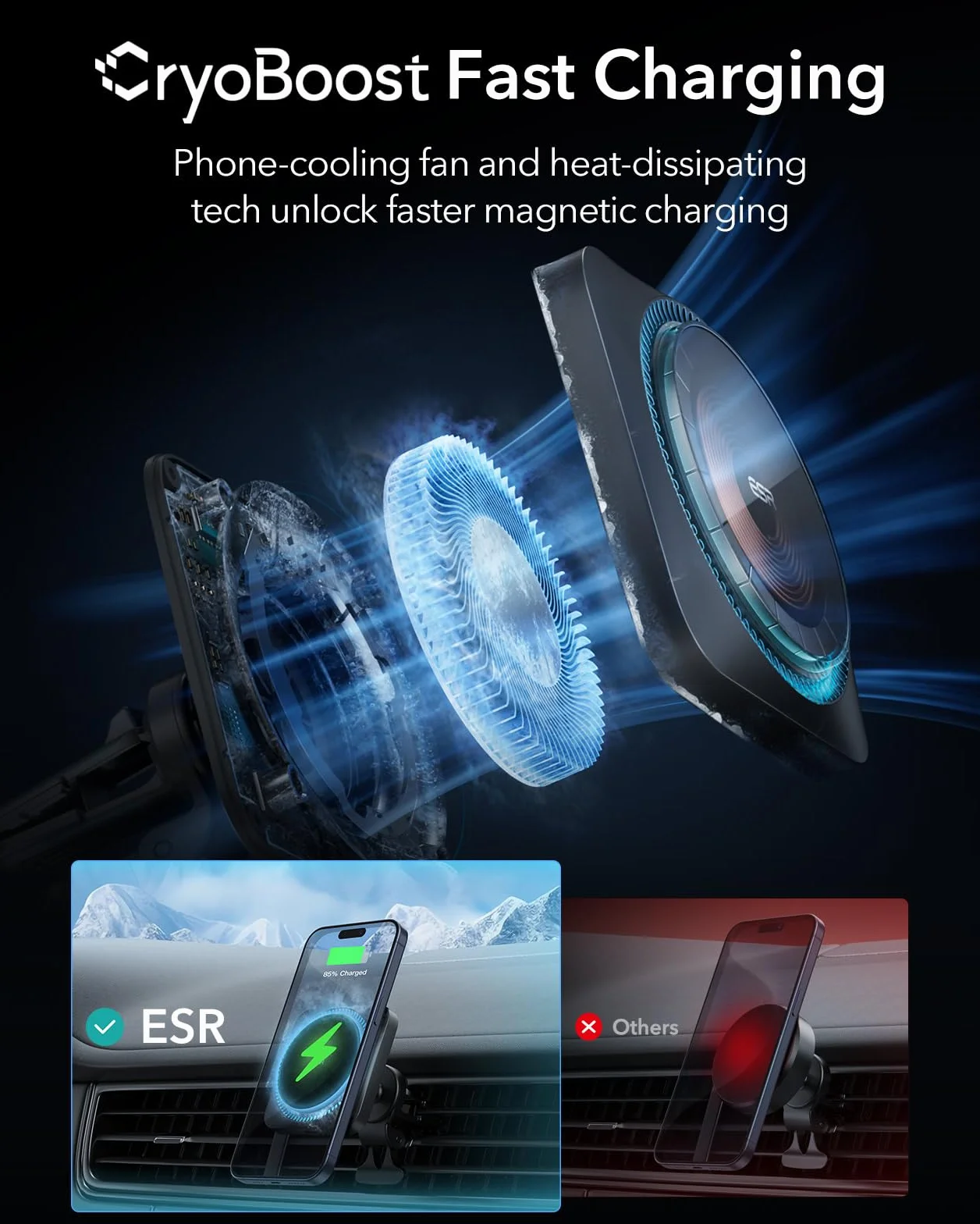 ESR Magsafe uchwyt samochodowy na telefon z CryoBoost, bezprzewodowa ładowarka samochodowa Magsafe, magnetyczny uchwyt na telefon iPhone Air 17 16 15 14 13 12, Galaxy S25, szybka ładowarka chłodząca