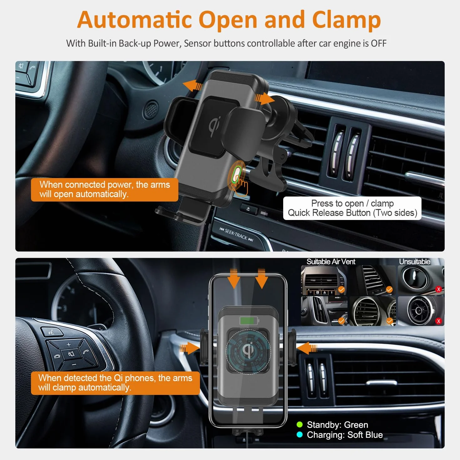 Wefunix 15W Szybka bezprzewodowa ładowarka samochodowa Qi uchwyt automatyczny czujnik zaciskowy uchwyt na telefon kompatybilny z iPhone 15 14 13 12 11 XS SE 8 Samsung Galaxy S23/S22/S21/S20/Note 20/10