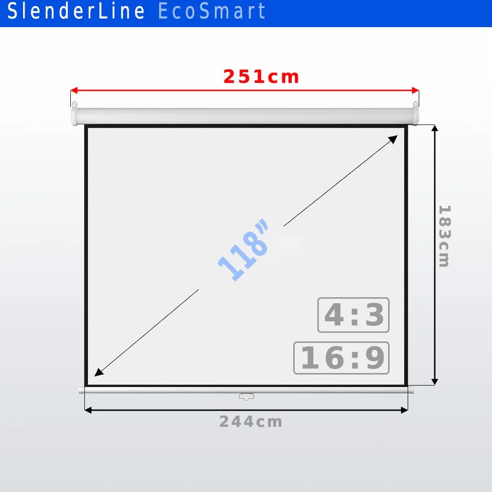 SlenderLine EcoSmart ekran zwijany 244 x 183 cm | 118 cali | format 4:3 | szerokość całkowita: 251 cm | optymalny do inteligentnych i mini projektorów | kino domowe płótno | sufit lub ściana | obudowa