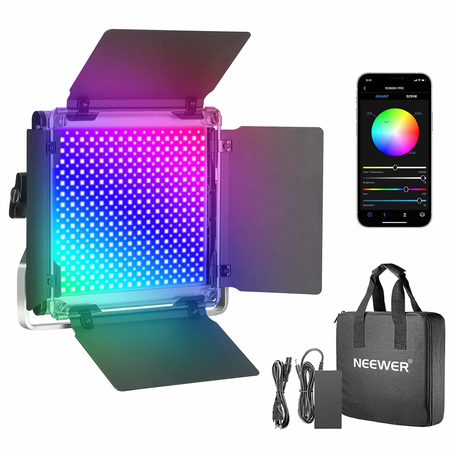NEEWER 660 PRO 50 W RGB LED lampa wideo, panel ze sterowaniem za pomocą aplikacji, 360°, pełnokolorowe światło wideo CRI 97 z uchwytem do drzwi barndoor/U do studia fotograficznego