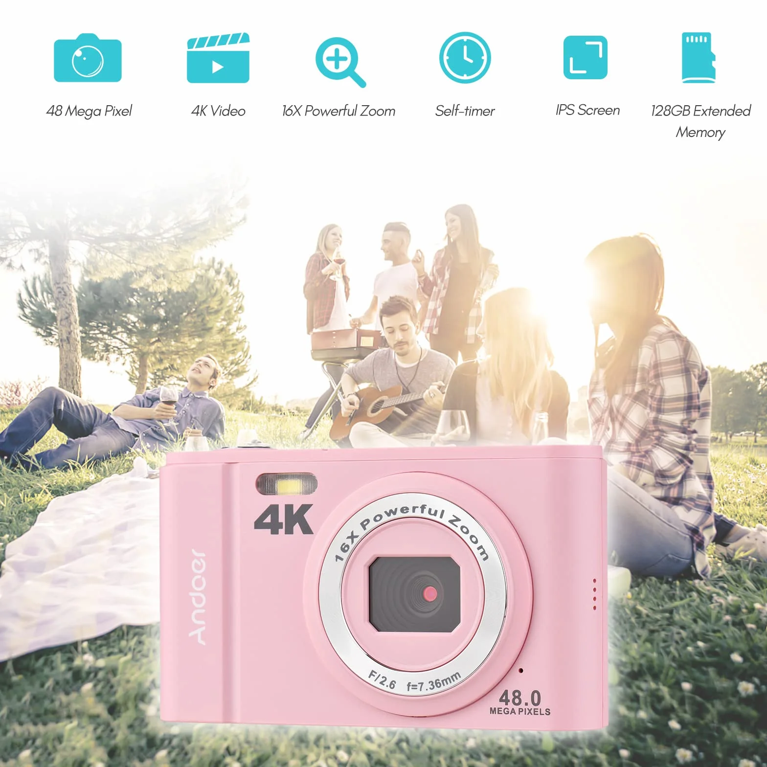 Andoer Aparat cyfrowy, 48 MP 4K, ekran IPS 2,8", kompaktowy aparat cyfrowy 16x, z 2 bateriami, karta pamięci 32 GB, pasek na rękę, torba do noszenia dla dorosłych/seniorów/dzieci, różowy