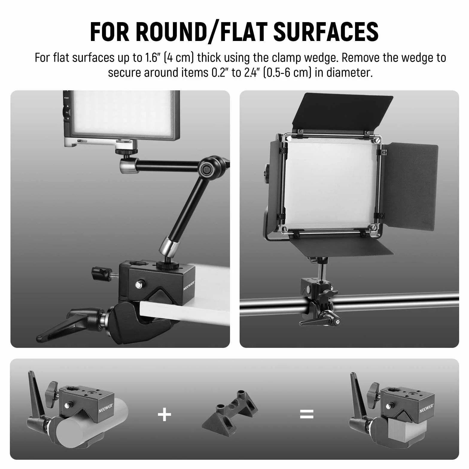 NEEWER Super zacisk z bolcem 5/8", zamknięcie sprężynowe, uchwyt szczękowy Heavy Duty Crab Pole Clamp do okrągłych rur, płaska powierzchnia, do studia fotograficznego, montażu oświetlenia, maks