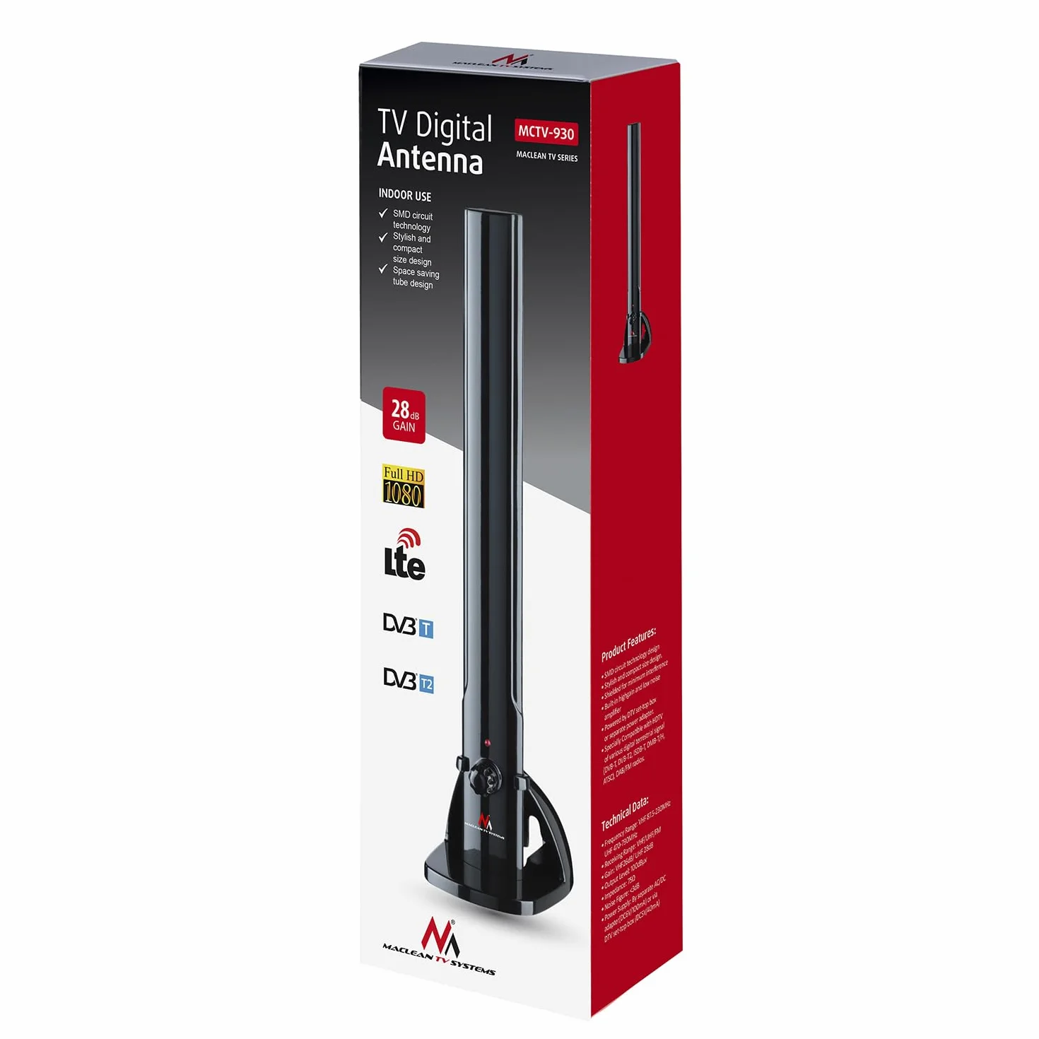 Maclean MCTV-930 antena pokojowa TV radio antena HDTV DVB-T2 DVB-T LTE DAB UKW 100dBµV wzmacniacz cyfrowy naziemny
