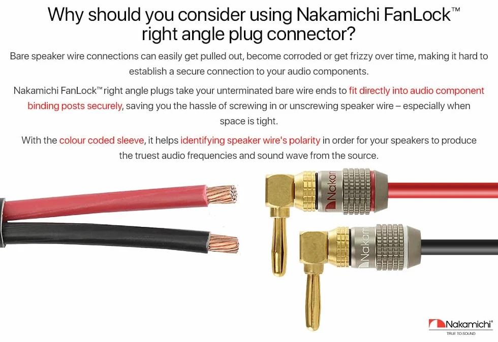 Nakamichi FanLock Wtyk kątowa 90 stopni bananowy platerowany 24-karatowym złotem 10 AWG - 18 AWG Rozmiar miernika 4 mm dla głośników Wzmacniacz Kino domowe Kabel Szybkozłącze, 2 Sztuki (1-Para)