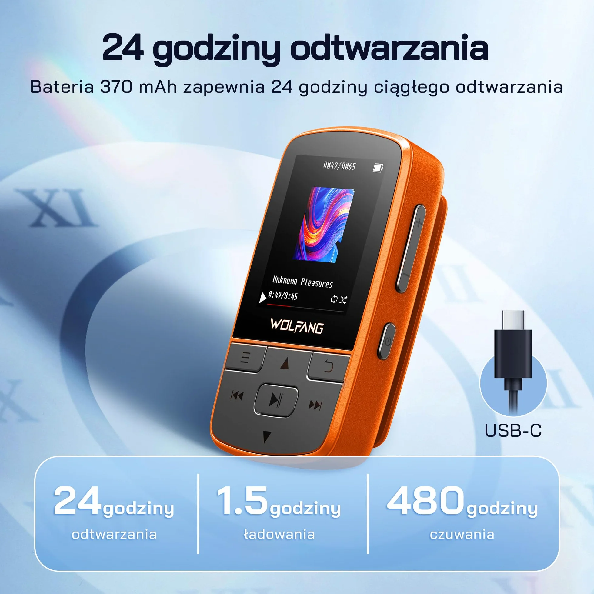 WOLFANG Odtwarzacze MP3 z Bluetooth 5.2, klips sportowy, mini rozmiar, waga 28 g, radio FM HiF, dyktafon, słuchawki w zestawie, pomarańczowe