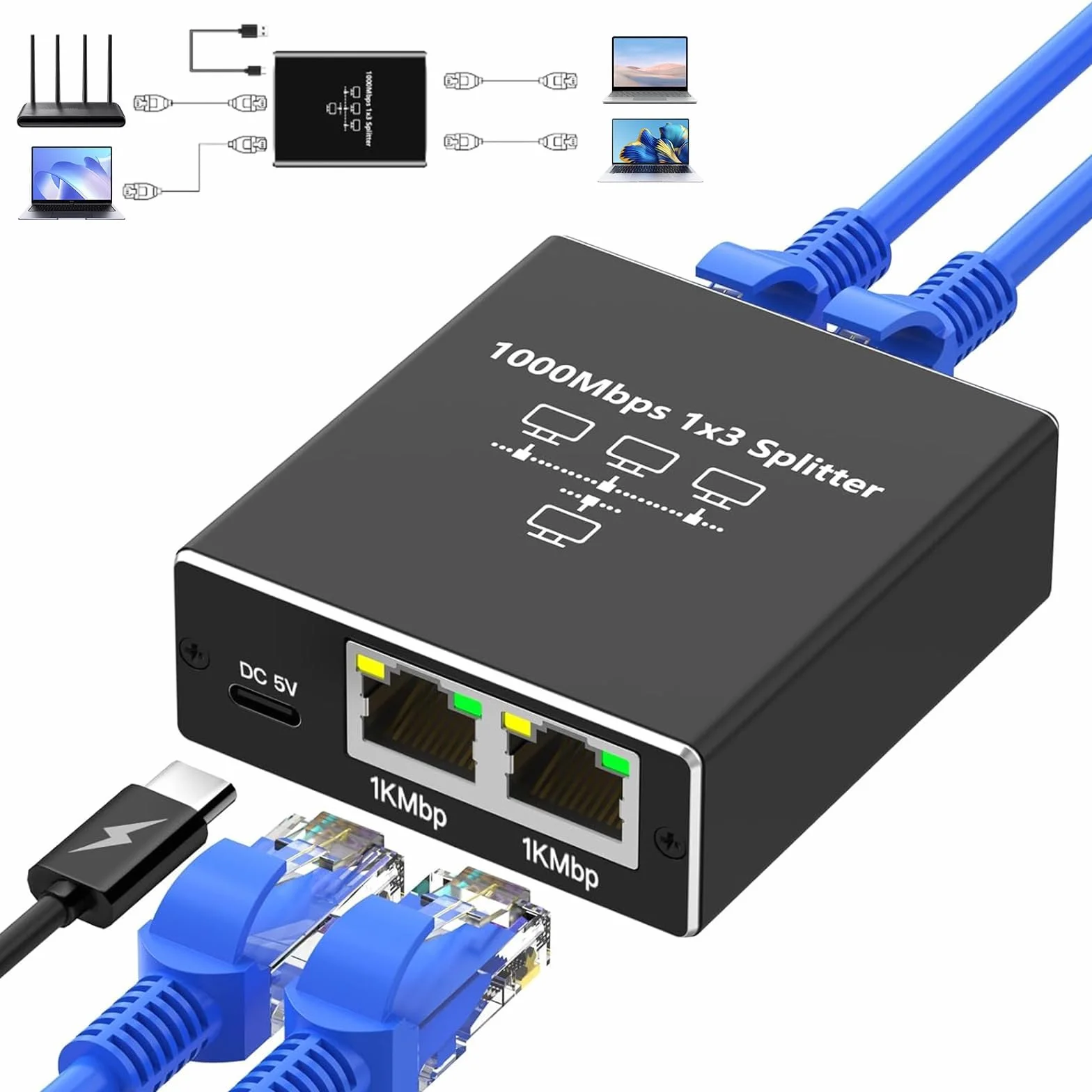 Loydia Rozdzielacz LAN 1 Na 3, Gigabit Ethernet Switch 3 Porty Z Kablem Sieciowym Typu C, 1000 Mbps RJ45 Do Komputera, Laptopa, Przełącznika, Routera, Gniazda Sieciowego, TV