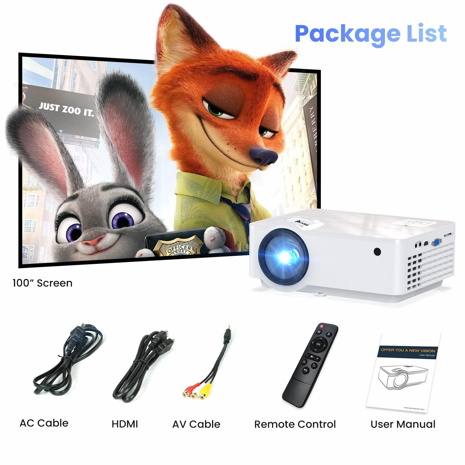 Projektor, Mini Projektor Natywny 1080p 4K Projektor 9500 Lumenów Bluetooth 5.1 Multimedialny Projektor Kina Domowego z Ekranem 100" Kompatybilny z HDMI/USB/AV/Smartfonem/Padem/TV Box/Laptopem