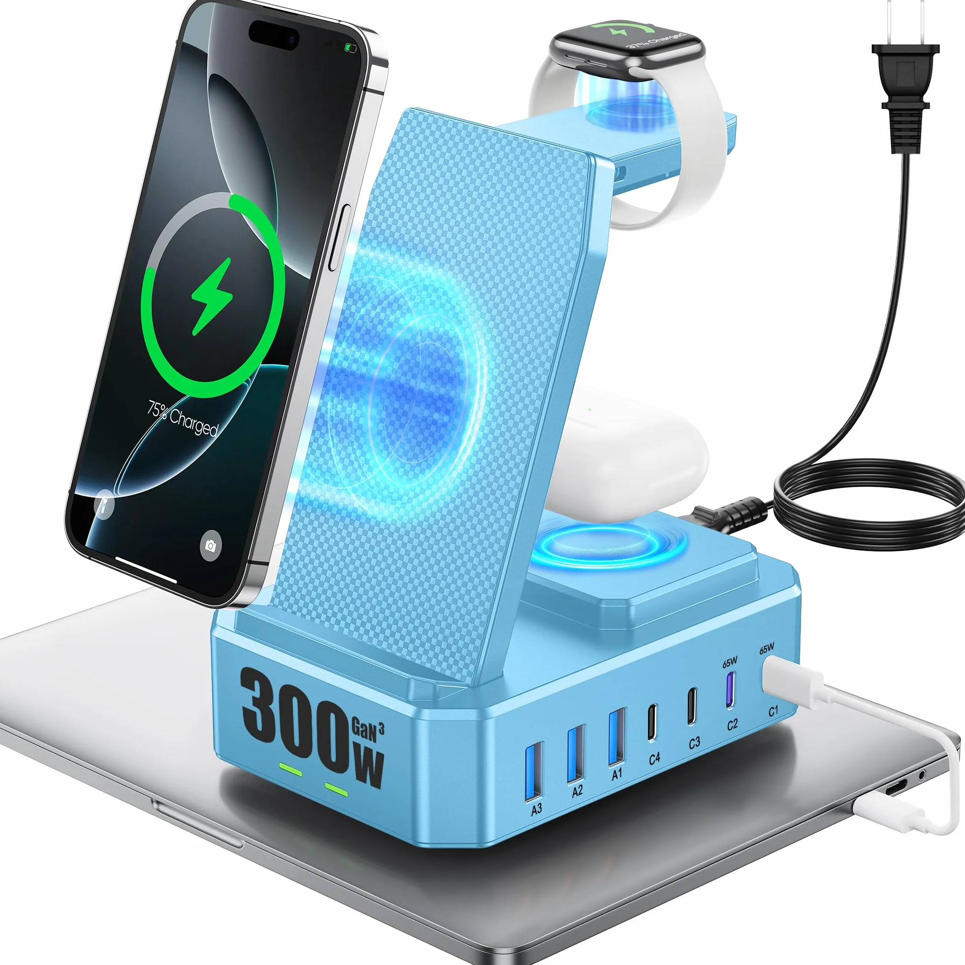 Stacja ładująca 300 W do wielu urządzeń Apple, bezprzewodowa ładowarka Zutspzss 10 w 1 do iPhone'a 16, GaN III USB C 65 W PD szybka stacja ładująca do Apple Watch i Airpods, niebieska