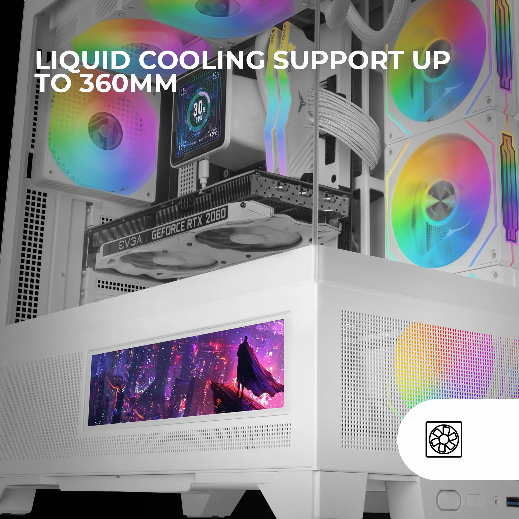Mars Gaming MC-LCDX, Obudowa Gamingowa ATX, Zintegrowany Ekran IPS 9.16" i Złącze HDMI, Ciągłe Hartowane Szkło, Dolny Panel Full Mesh, Podwójna Komora, Wsparcie Chłodzenia Wodnego do 360mm, Biała