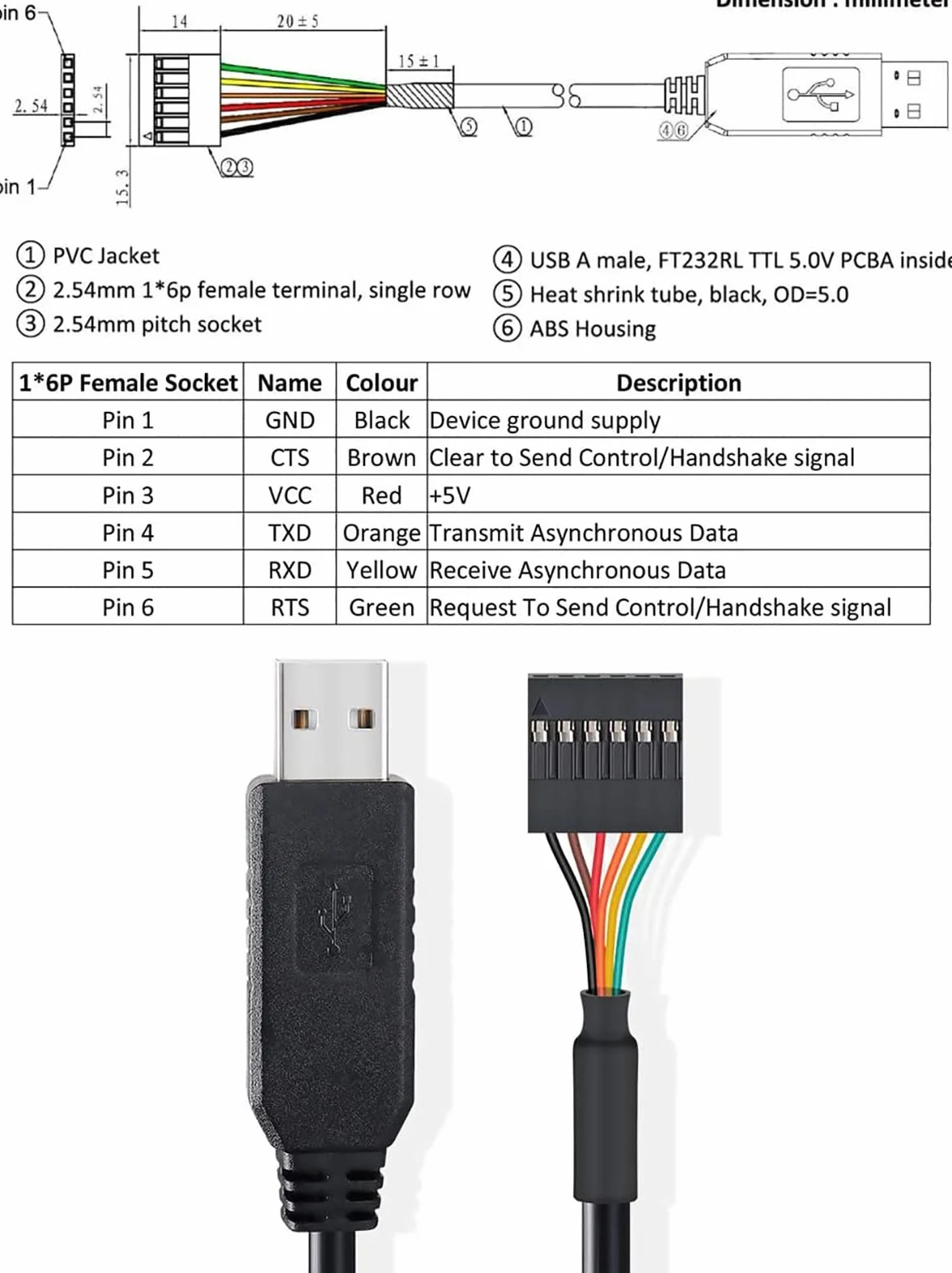 DTECH FTDI USB do TTL Adapter szeregowy 5V UART kabel 6 Pin gniazdo Header FT232RL Chip kabel danych dla Windows 10 8 7 Linux MAC OS (1 metr, Czarny)
