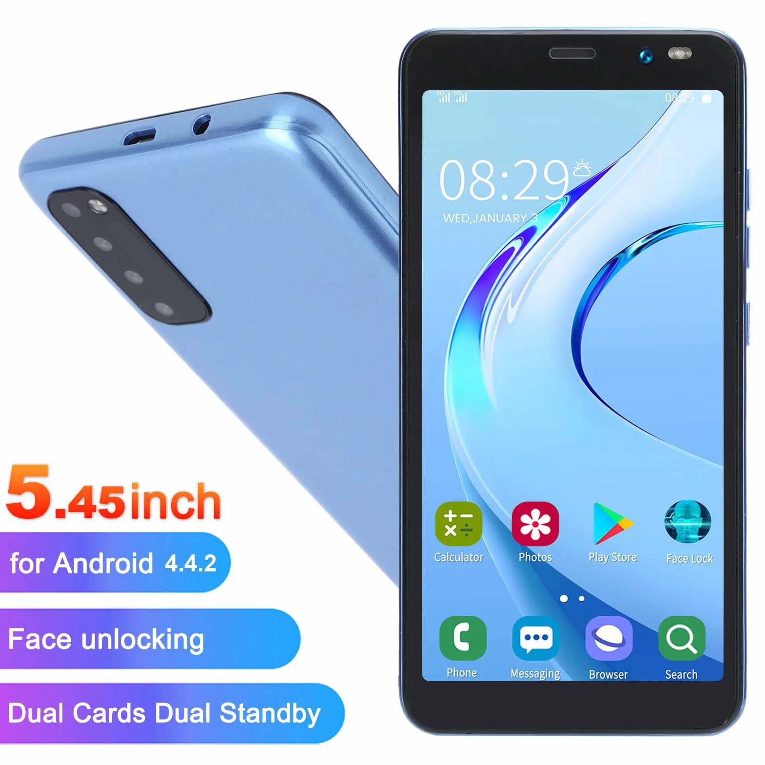 Rino4 Pro Smartfon, 5,45-calowy Pełnoekranowy HD MTK6572 Dwurdzeniowy Procesor Face Unlock, Wi-Fi, BT, FM Podwójne Karty Smartfon Z Podwójnym Trybem Gotowości Dla Androida 4.4.2(Niebieski)