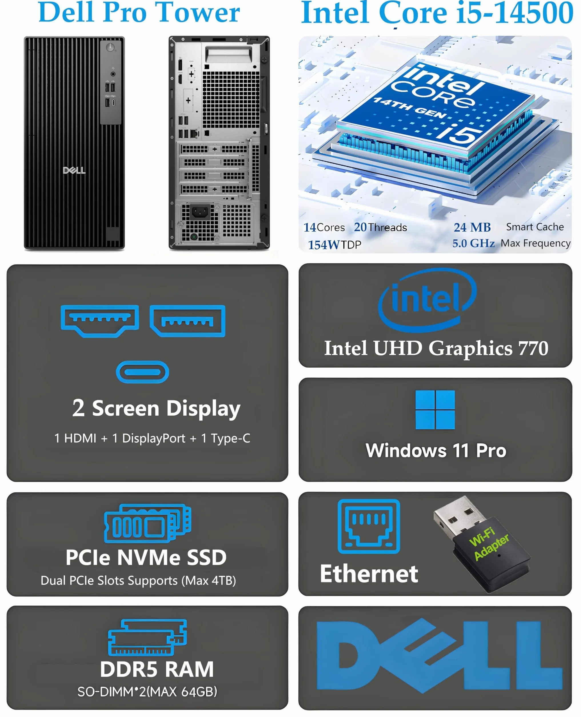 Dell Komputer stacjonarny Tower Business, Intel Quad-Core i3-10100, 2 GB DDR4 RAM, 512 GB PCIe SSD, Windows 11 Pro
