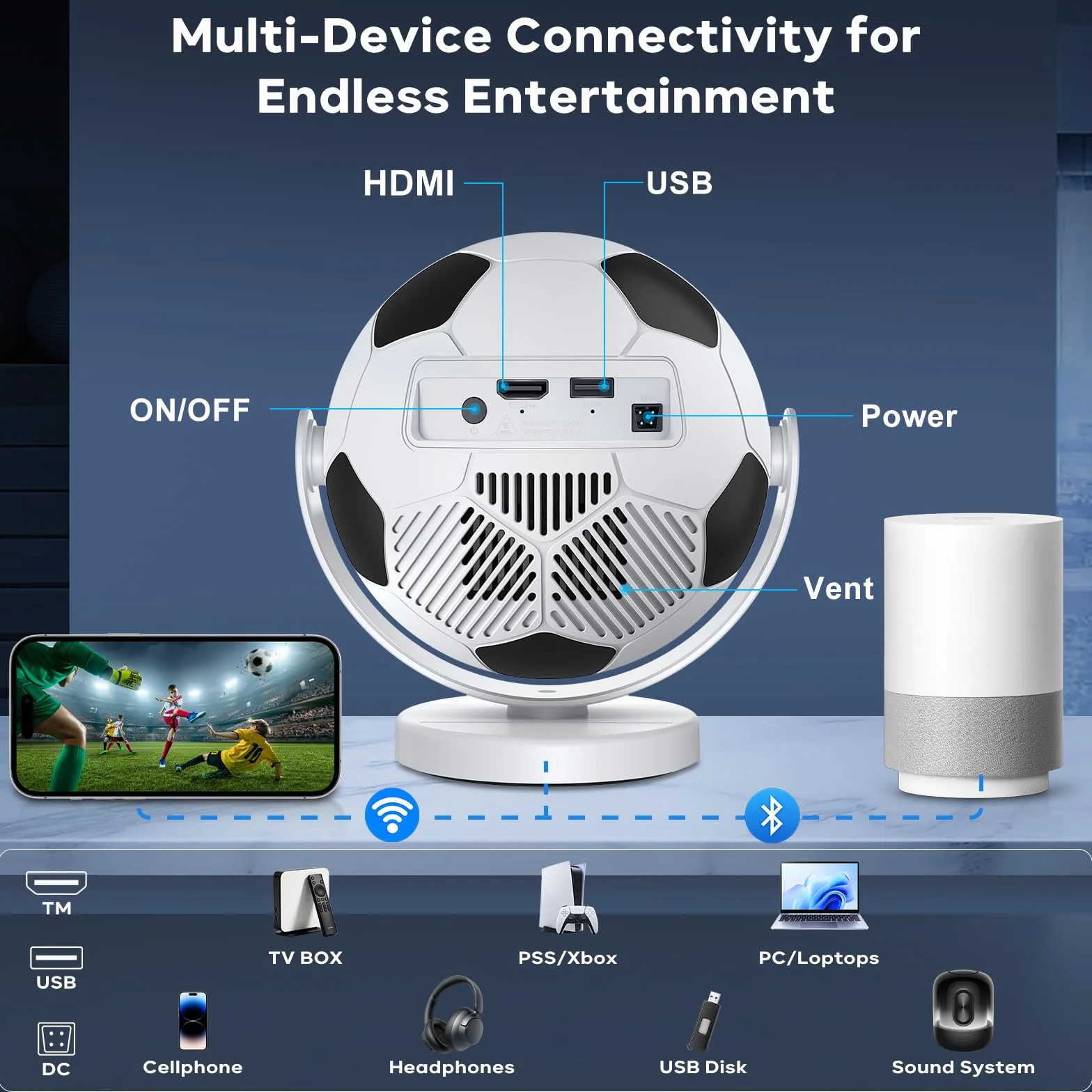 [Dedykowany projektor Mistrzostw Świata] Mini projektor, inteligentny projektor z WiFi 6 i Bluetooth 5.4, Android 14, obrót o 180°, przenośny projektor, kompatybilny z HDMI/TV Stick/laptopem