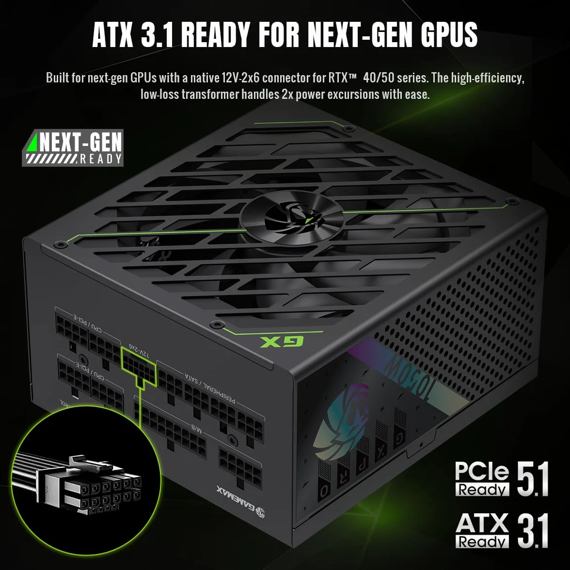 GAMEMAX GXPRO 1050G Zasilacz PC 1050W, W pełni modułowy, Zgodny z ATX 3.1 i PCIe 5.1, 80 Plus Platinum, Dołączony kabel 12V-2×6, Kondensatory japońskie 105°C, Gwarancja 10 lat