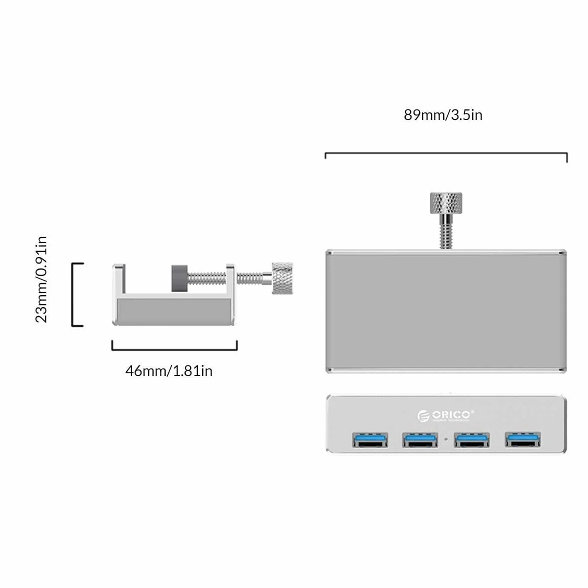 ORICO Adapter zaciskowy koncentratora USB 3.0, aluminiowy 4-portowy rozdzielacz USB z dodatkowym portem zasilania i kablem danych USB 4,92 FT, ultra-przenośny rozszerzacz USB do 2021 iMac/laptop/PC