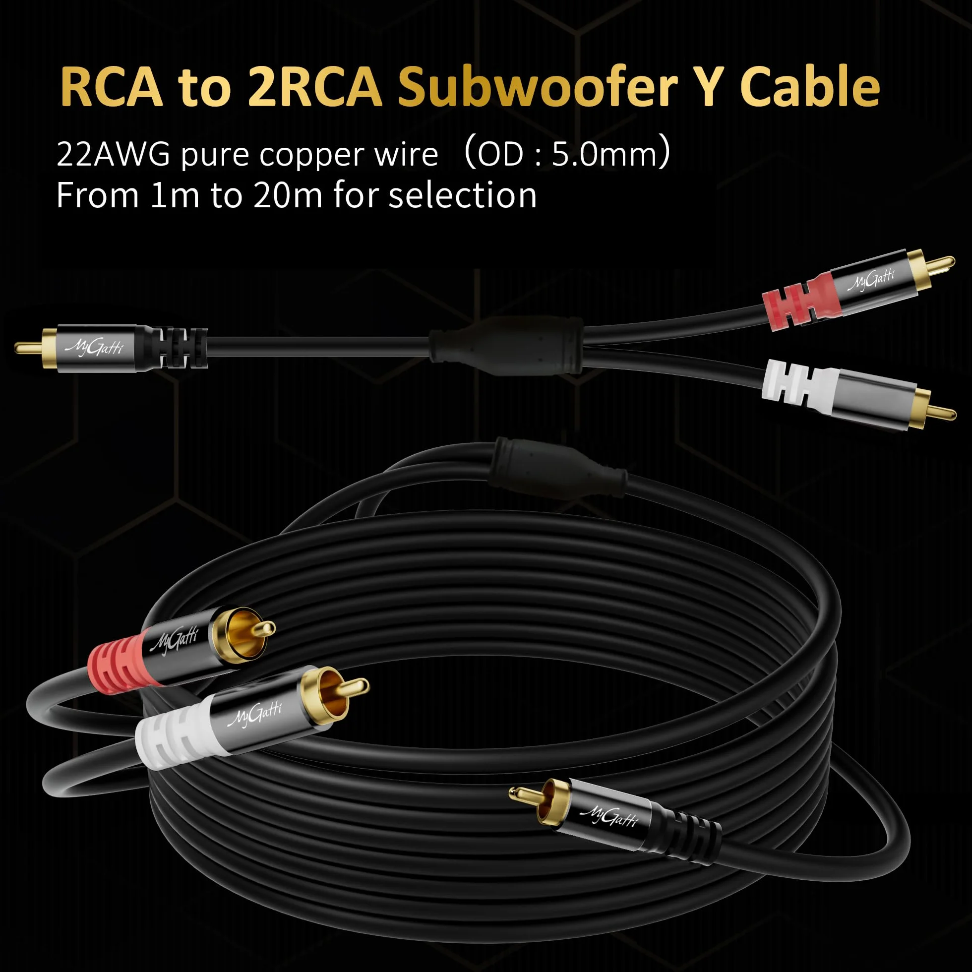 Kabel rozdzielający cinch-Y 5 m, 2x cinch, stereo audio, RCA, pozłacany