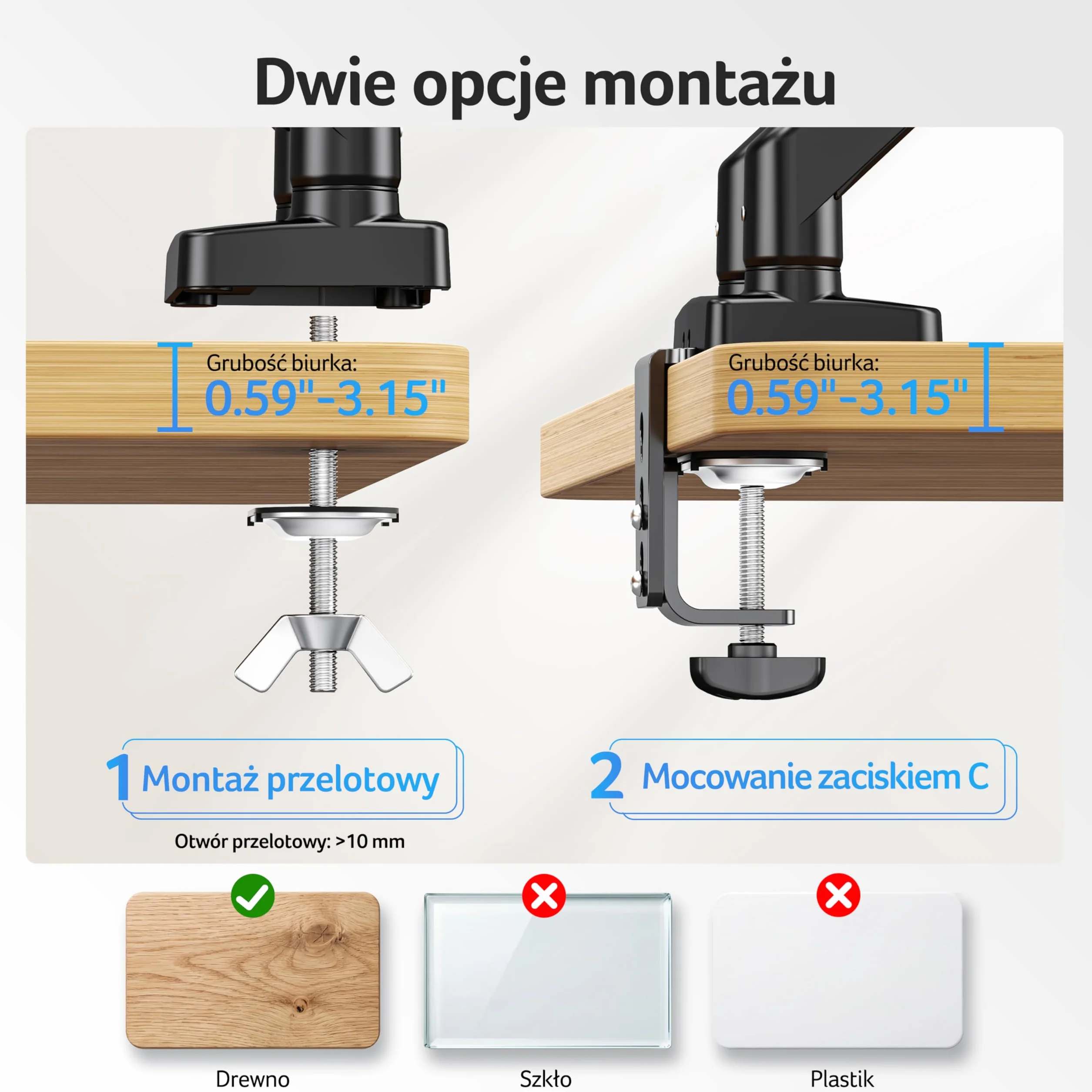 Acer Uchwyt na dwa monitory do ekranów 17-32 cali, obsługuje dwa ekrany | Sprężyna gazowa, do zakrzywionych płaskich ekranów, VESA 75/100 mm, Podstawa z zaciskiem C/przelotką, Nośność 9kg