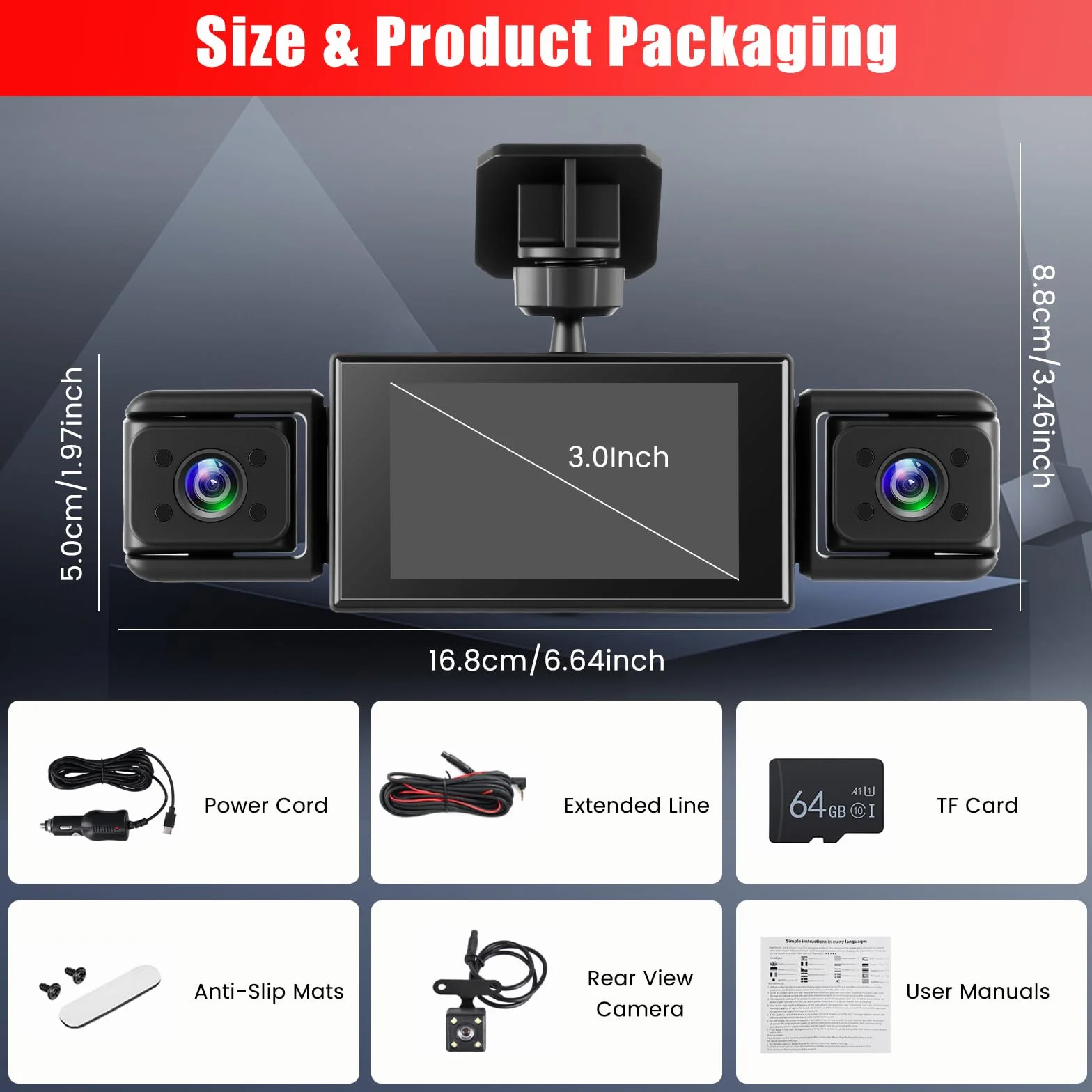 1080P Dash Cam 360 stopni 4 kanały, ekran 3 cale | Dashcam z kartą SD 64G, czujnik G, kamera cofania, tryb parkowania 24H, noktowizor, nagrywanie w pętli