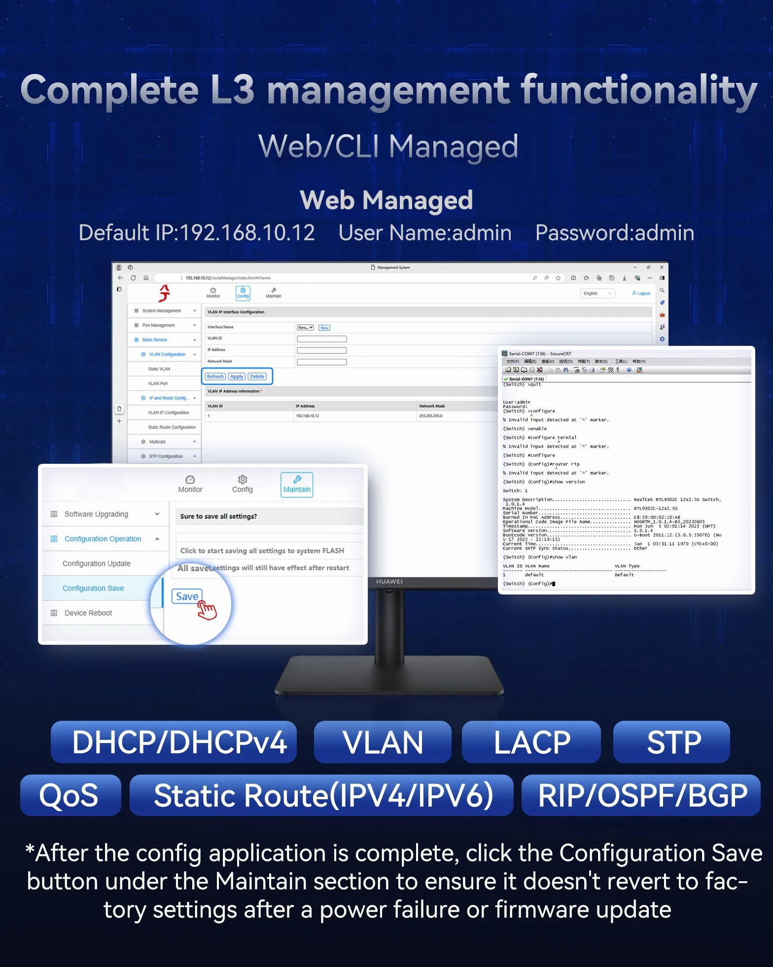 L3 10G 8-Portowy przełącznik zarządzany SFP+, obsługuje moduły 1/2.5/10G, przepustowość 160Gbps, agregacja łączy, VLAN/DHCP/QoS, inteligentne chłodzenie wentylatorem