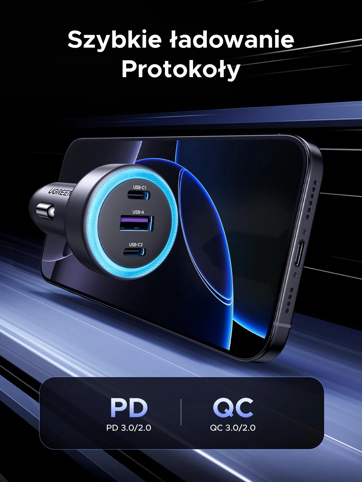 UGREEN 3-portowa zapalniczka samochodowa USB C PD30W ładowarka samochodowa 12V ładowarka samochodowa USB C akcesoria samochodowe kompatybilne z iPhone 17/17 Pro/17 Pro Max/16/15, ipad, S25, GPS itp