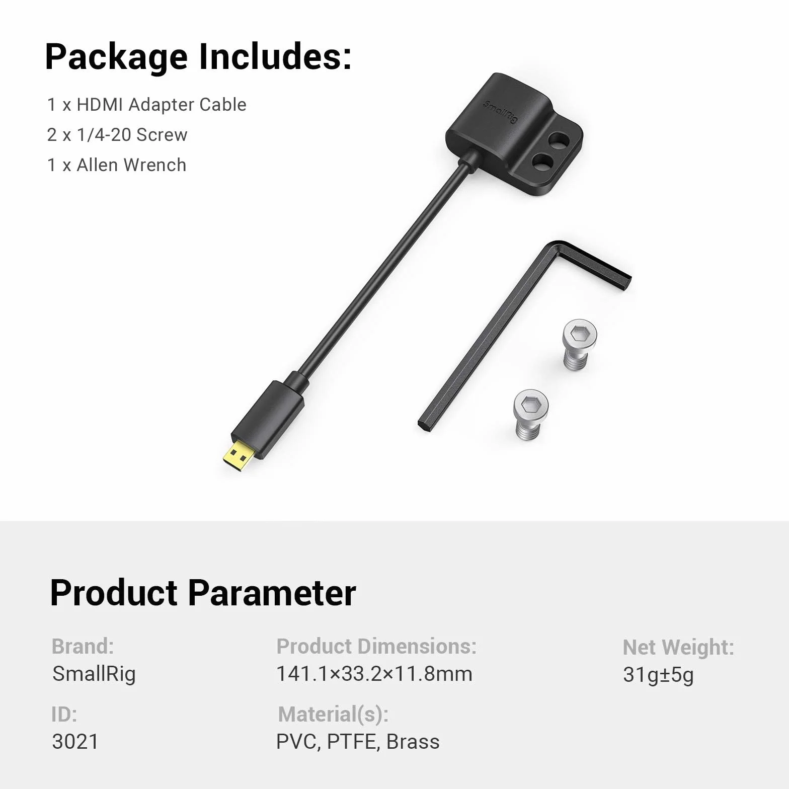 SMALLRIG Adapter kablowy 4K 4K@60Hz, męski konwerter mikro typu D na żeński typu A, dla Sony A7R IV / A7RIII/ A7III/ A7II/ A7RII, dla Fujifilm X-T2/ X-T3, długość kabla 8 cm/3 cale - 3021