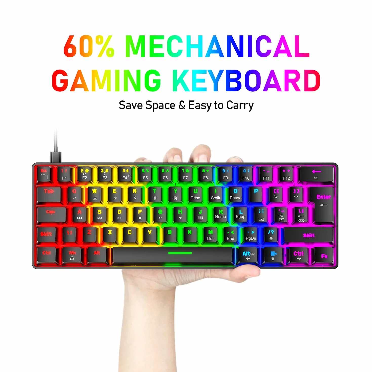 T60 Przewodowa Klawiatura i Mysz do Gier, Mini 60% kompaktowa Klawiatura Mechaniczna z 62 Keys, 19 Tęczowe światło LED, UK Layout + Mysz do Gier PS4 6400 DPI + Podkładka pod mysz - Red Switch/Czarny