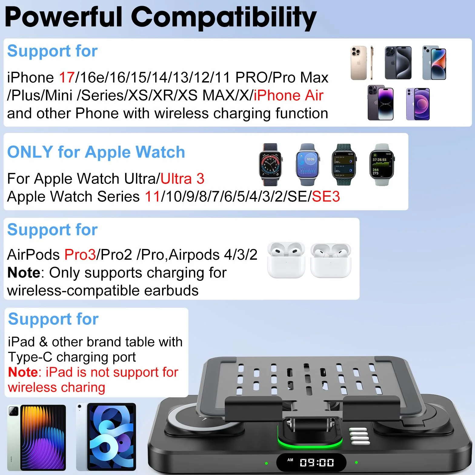 Bezprzewodowa ładowarka 6 w 1 do wielu urządzeń Apple, stacja ładująca z zegarem i 7-kolorowym światłem otoczenia, składany obrotowy stojak do iPada, iPhone'a 17/16/15, obsługa Apple Watch11/10 dla