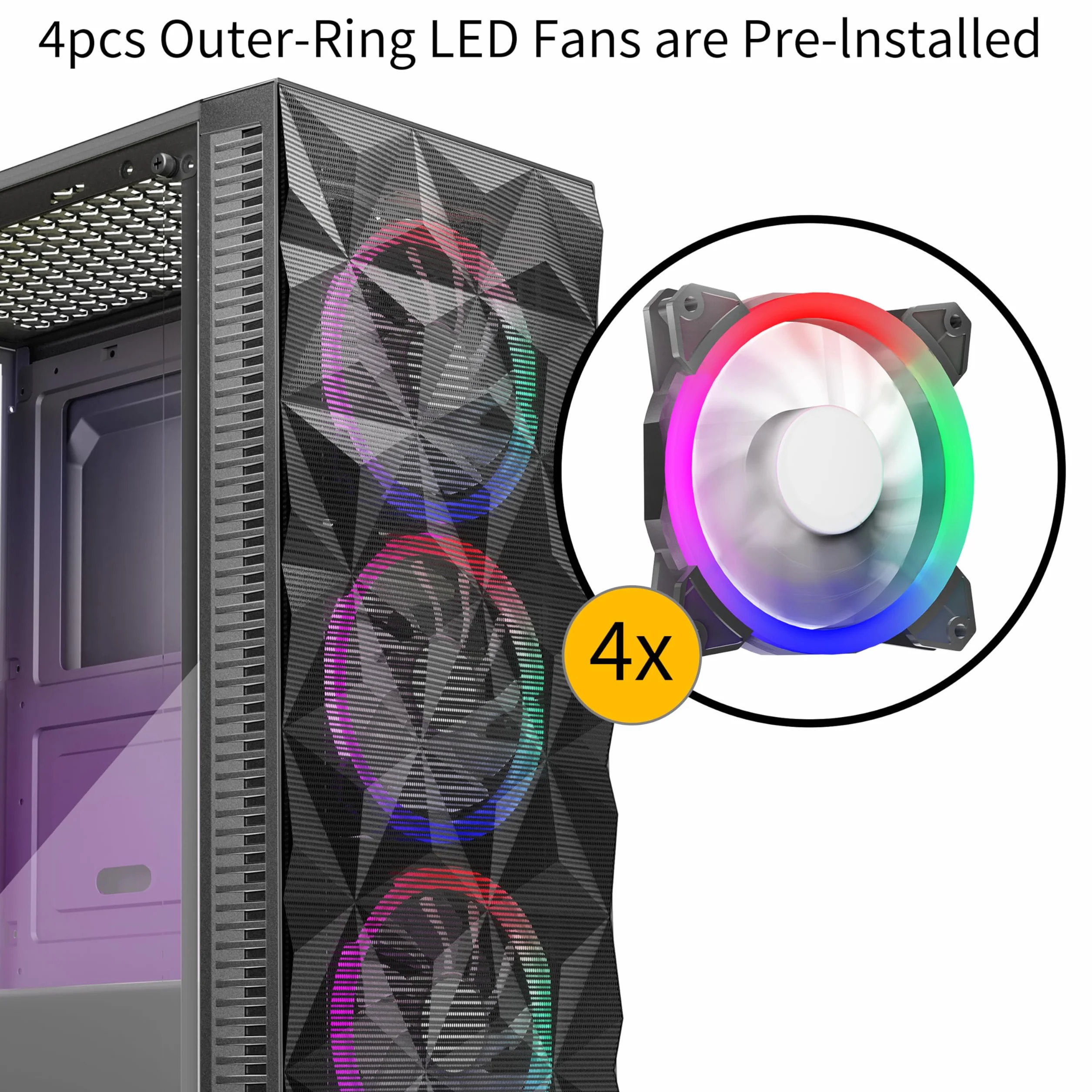 MOROVOL Obudowa PC wstępnie zainstalowana 4 wentylatory RGB, obudowa na komputer do gier ATX z przednią siatką w kształcie rombu i bocznym panelem ze szkła hartowanego, obudowa USB 3.0 Airflow Mid